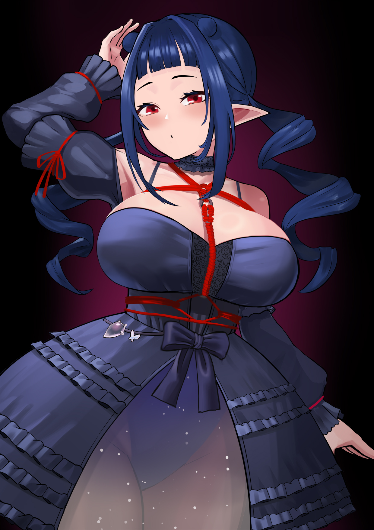heiz illust, dizzy dokuro, phase connect, bare shoulders, bdsm, bondage, bound, breasts, drill hair, looking at viewer, pointy ears, red eyes, twin drills