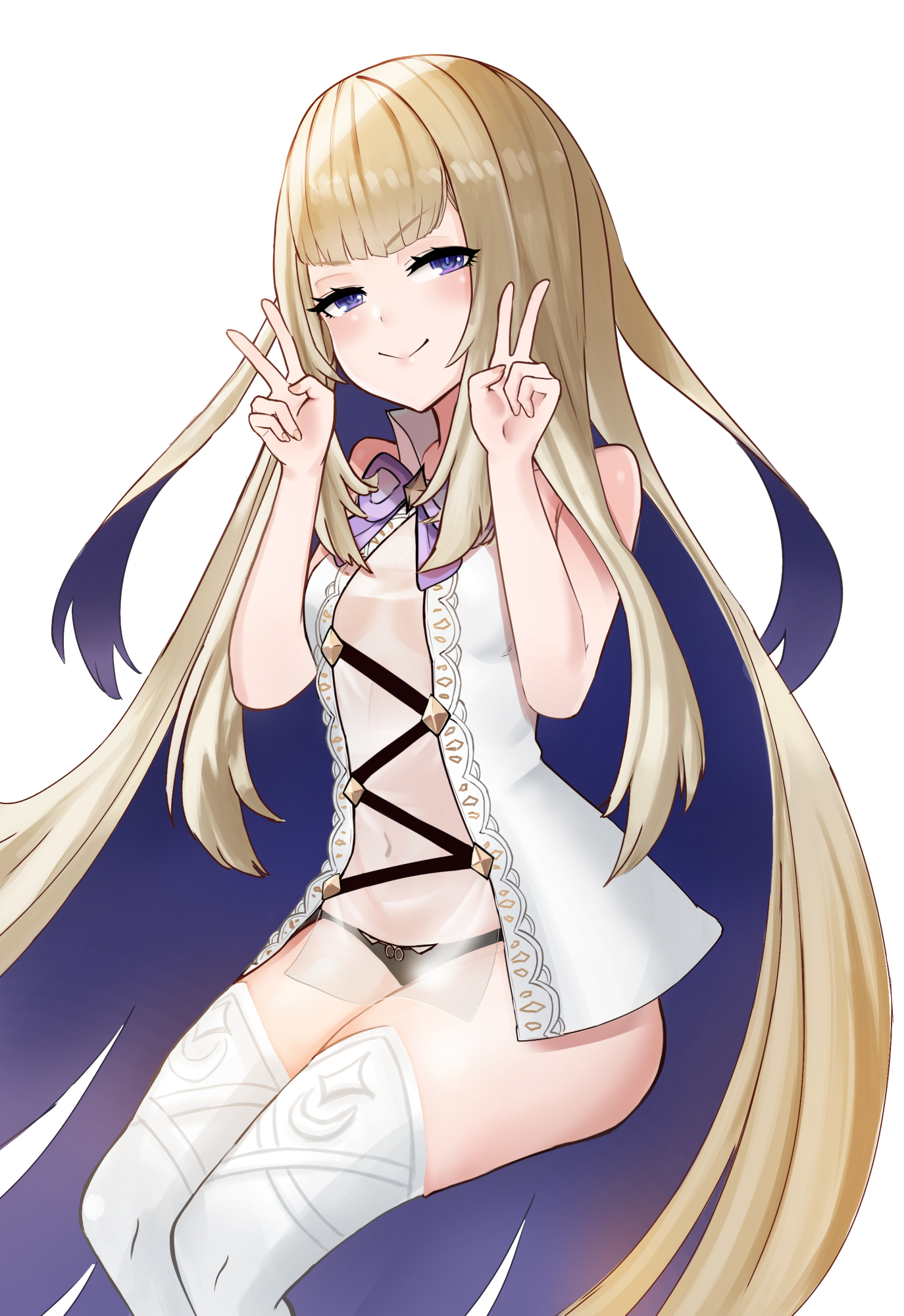 heiz illust, amanogawa shiina, phase connect, bare shoulders, blonde hair, navel, panties, purple eyes, purple hair, stomach, thighhighs, underwear