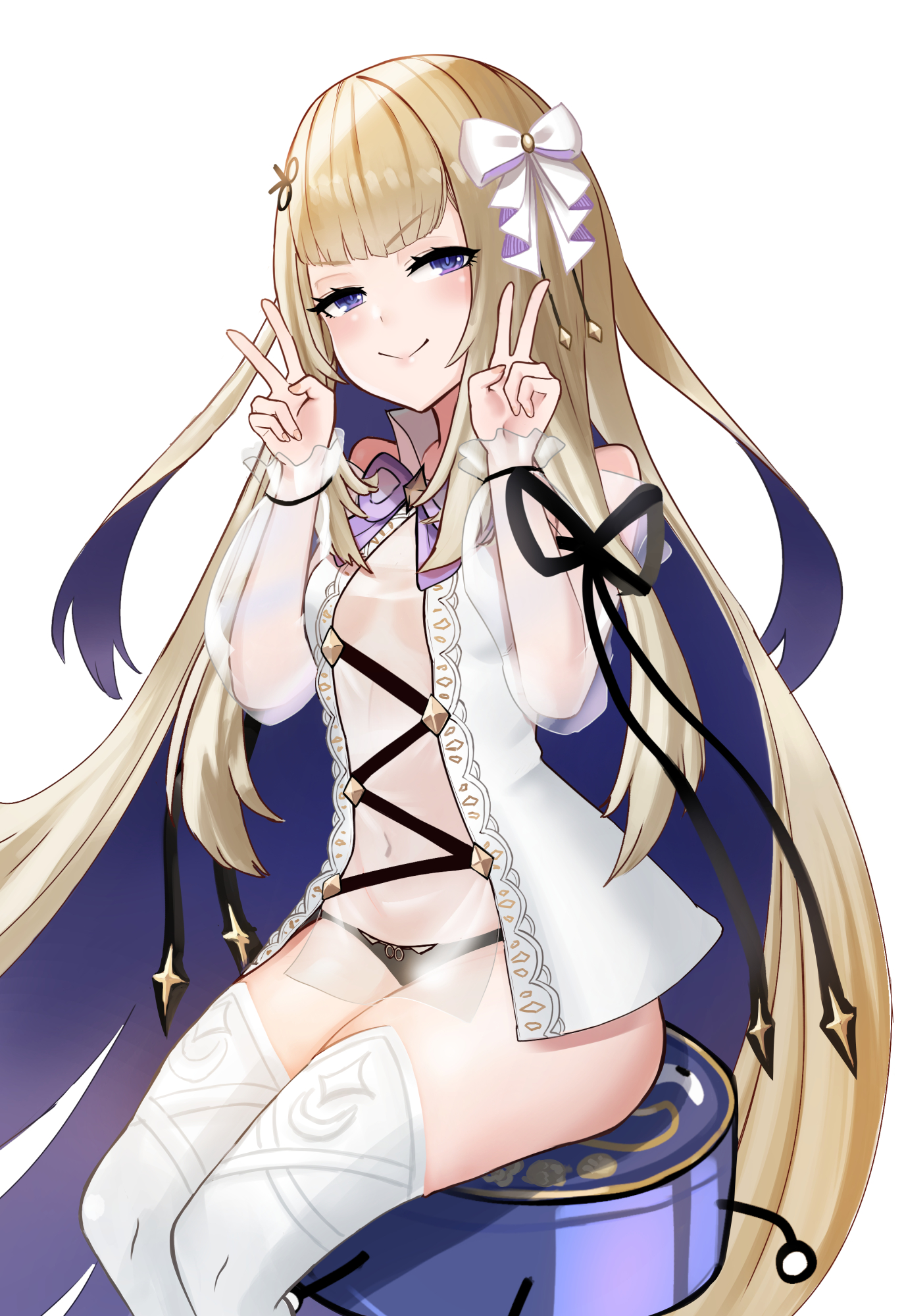 heiz illust, amanogawa shiina, phase connect, bare shoulders, blonde hair, navel, panties, purple eyes, purple hair, sitting, sitting on face, sitting on person, stomach, thighhighs, underwear