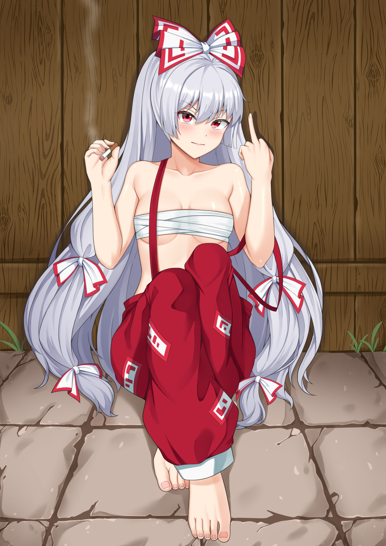 akasaka sato, fujiwara no mokou, touhou, commentary request, highres, 1girl, barefoot, blush, bow, chest sarashi, cigarette, closed mouth, fence, grass, grey hair, hair bow, holding, holding cigarette, lips, long hair, looking at viewer, middle finger, no shirt, ofuda, ofuda on clothes, pants, pavement, pink nails, red eyes, red pants, red suspenders, sarashi, sitting, smoke, solo, suspenders, suspenders slip, white bow, wooden fence