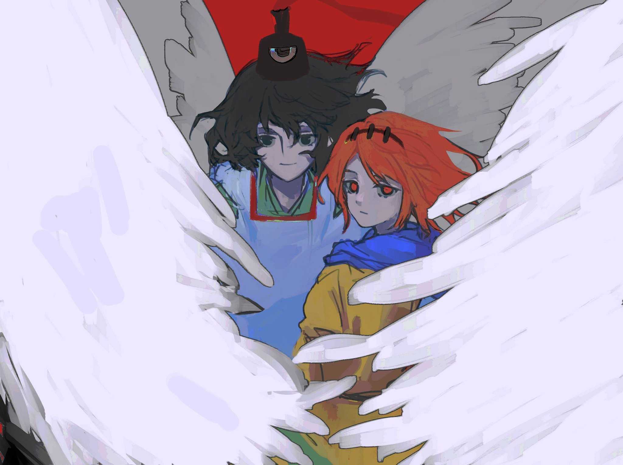 nami oto, senri tsurubami, zuifeng tenkai, len'en, highres, 2others, androgynous, bird wings, black eyes, black hair, black hat, closed mouth, cowboy shot, detached sleeves, expressionless, eye of senri, feathered wings, floating hair, green kimono, hair between eyes, hair rollers, hairband, haori, happy, hat, hat ribbon, jacket, japanese clothes, kariginu, kimono, layered sleeves, light frown, long sleeves, looking at viewer, looking back, multiple others, orange eyes, orange hair, orange jacket, other focus, oversized wings, purple scarf, red background, red hairband, red ribbon, ribbon, scarf, short hair, smile, standing, tate eboshi, white sleeves, white wings, wings