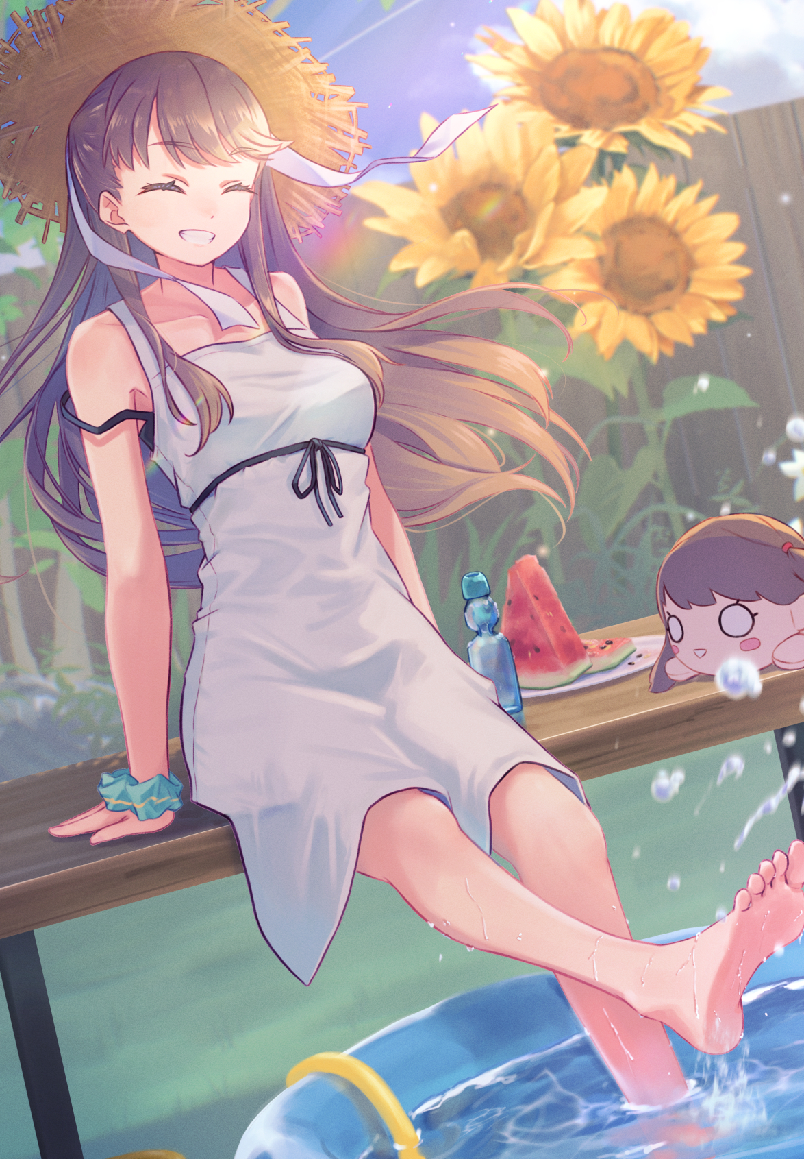 macken666, fujishima megumi, link! like! love live!, love live!, commentary request, highres, 1girl, ^ ^, alternate costume, bare shoulders, barefoot, bottle, breasts, brown hat, closed eyes, collarbone, dress, dutch angle, feet, flower, food, foot out of frame, fruit, grin, hat, hose, medium breasts, nesoberi, outdoors, ramune, smile, soaking feet, soles, solo, strap slip, straw hat, sun hat, sundress, sunflower, toes, underbust, virtual youtuber, wading pool, watermelon, watermelon slice, white dress