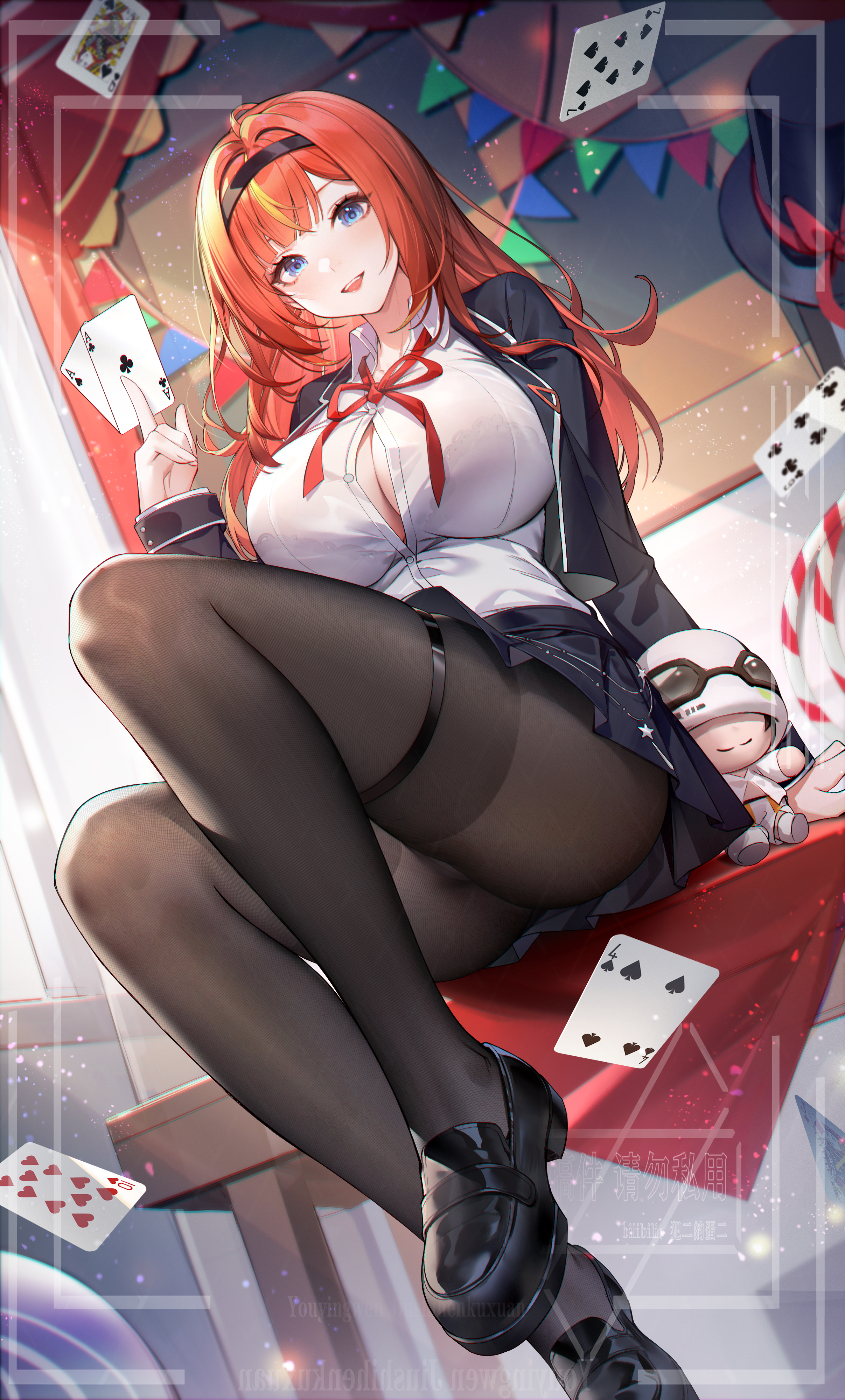 q18607, adjutant (snowbreak), tess kotkin, snowbreak: containment zone, absurdres, chinese commentary, commentary request, highres, 1girl, ace (playing card), ace of clubs, ahoge, arm support, black hairband, black hat, black jacket, black pantyhose, black shoes, black skirt, blue eyes, blunt bangs, blush, bra visible through clothes, breasts, button gap, card, character doll, cleavage, club (shape), collared shirt, doll, dutch angle, hairband, hand up, hat, hat ribbon, indoors, jacket, knee up, large breasts, legs, light particles, loafers, long hair, long sleeves, looking at viewer, miniskirt, multicolored hair, neck ribbon, on table, open clothes, open jacket, open mouth, orange hair, orange ribbon, pantyhose, playing card, pleated skirt, queen (playing card), ribbon, shirt, shoes, sitting, sitting on table, skirt, sleeves past wrists, smile, solo, streaked hair, table, teeth, thigh strap, thighs, top hat, upper teeth only, very long hair, watermark, white shirt, white trim, window