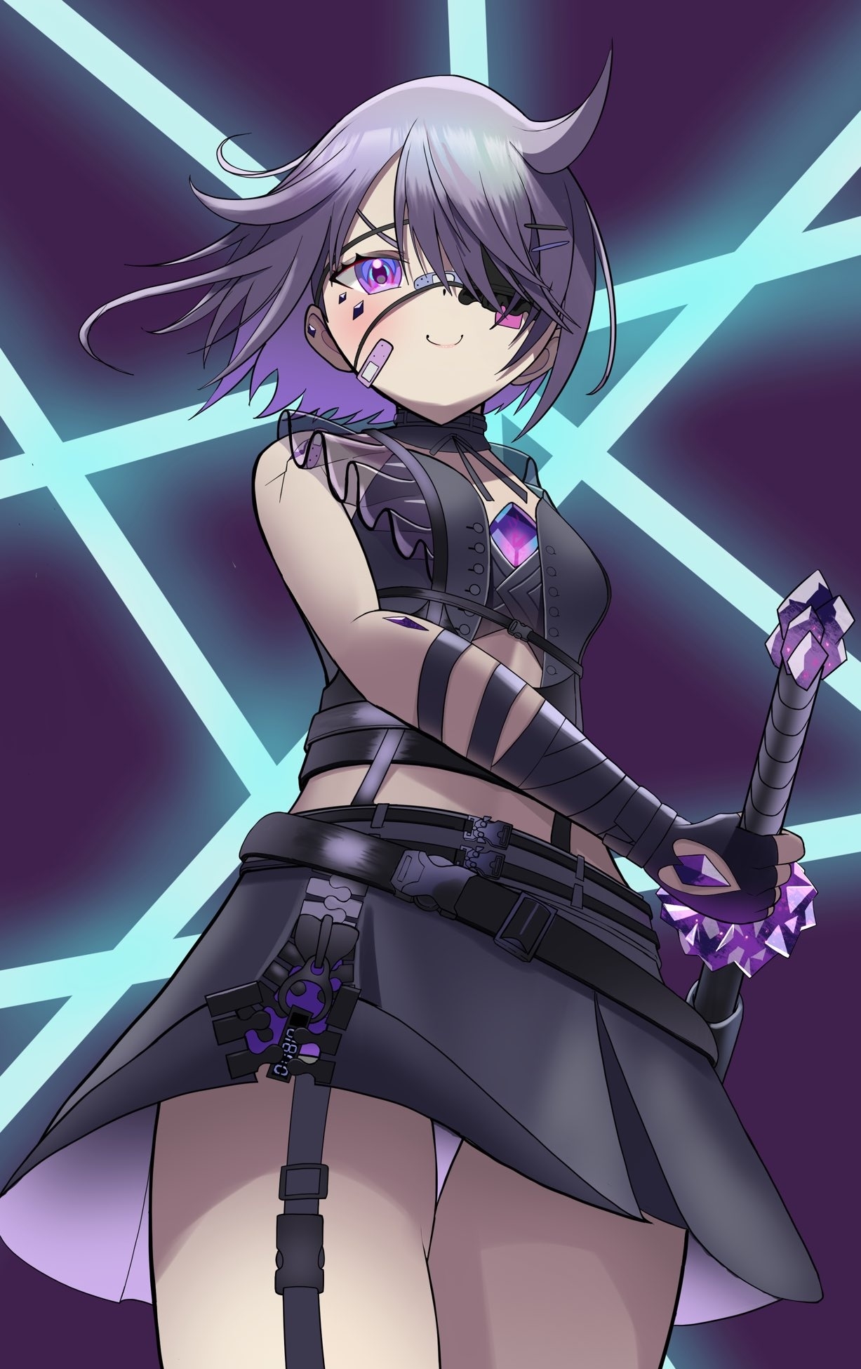 lyunree6161, koseki bijou, koseki bijou (casual), hololive, hololive english, commentary, english commentary, highres, 1girl, bandaid, bandaid on cheek, bandaid on face, belt, black belt, black gloves, black skirt, blush, breasts, closed mouth, cowboy shot, crack, eyelashes, eyepatch, gem, gloves, hair over one eye, holding, holding sword, holding weapon, official alternate costume, official alternate hair length, official alternate hairstyle, purple eyes, purple gemstone, purple hair, short hair, skirt, sleeveless, small breasts, smile, solo, sword, virtual youtuber, weapon