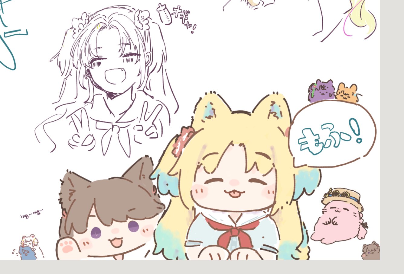 ao kaeru, anyoji hime, fujishima megumi, hinoshita kaho, murano sayaka, osawa rurino, otomune kozue, yugiri tsuzuri, link! like! love live!, love live!, commentary request, . ., 2girls, :3, :p, animal with hair, animalization, blonde hair, blue hair, brown hair, brown hat, cat, closed mouth, dress, flower, gradient hair, grey dress, hair flower, hair ornament, hasu no sora school uniform, hat, long hair, multicolored hair, multiple girls, neckerchief, paint chat (medium), partially colored, pink flower, purple eyes, rabbit, red neckerchief, sailor collar, school uniform, seal (animal), short sleeves, summer uniform, tongue, tongue out, twintails, two side up, very! very! coconatsu, virtual youtuber, white sailor collar