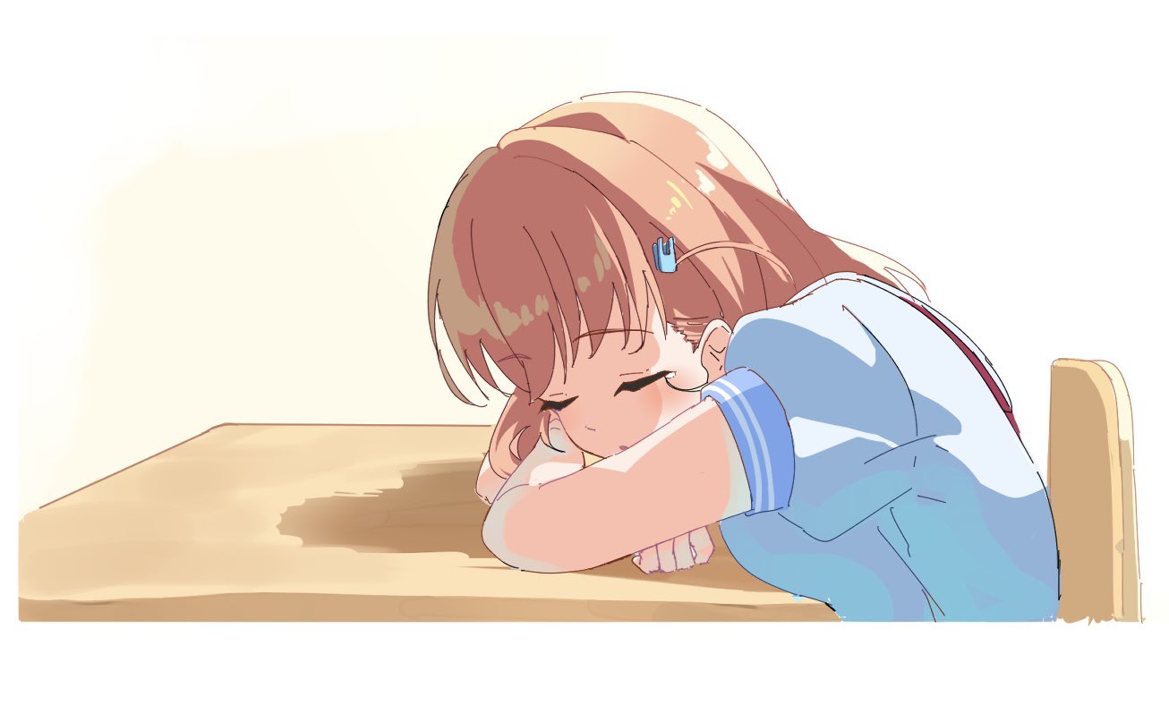 89ru0, hinoshita kaho, link! like! love live!, love live!, commentary, symbol-only commentary, 1girl, blue dress, dress, hair ornament, hasu no sora school uniform, medium hair, neckerchief, orange hair, parted lips, puffy short sleeves, puffy sleeves, rabbit hair ornament, red neckerchief, sailor collar, sailor dress, school uniform, short sleeves, simple background, sleeping, sleeping on desk, solo, summer uniform, tears, two side up, virtual youtuber, white background, white sailor collar