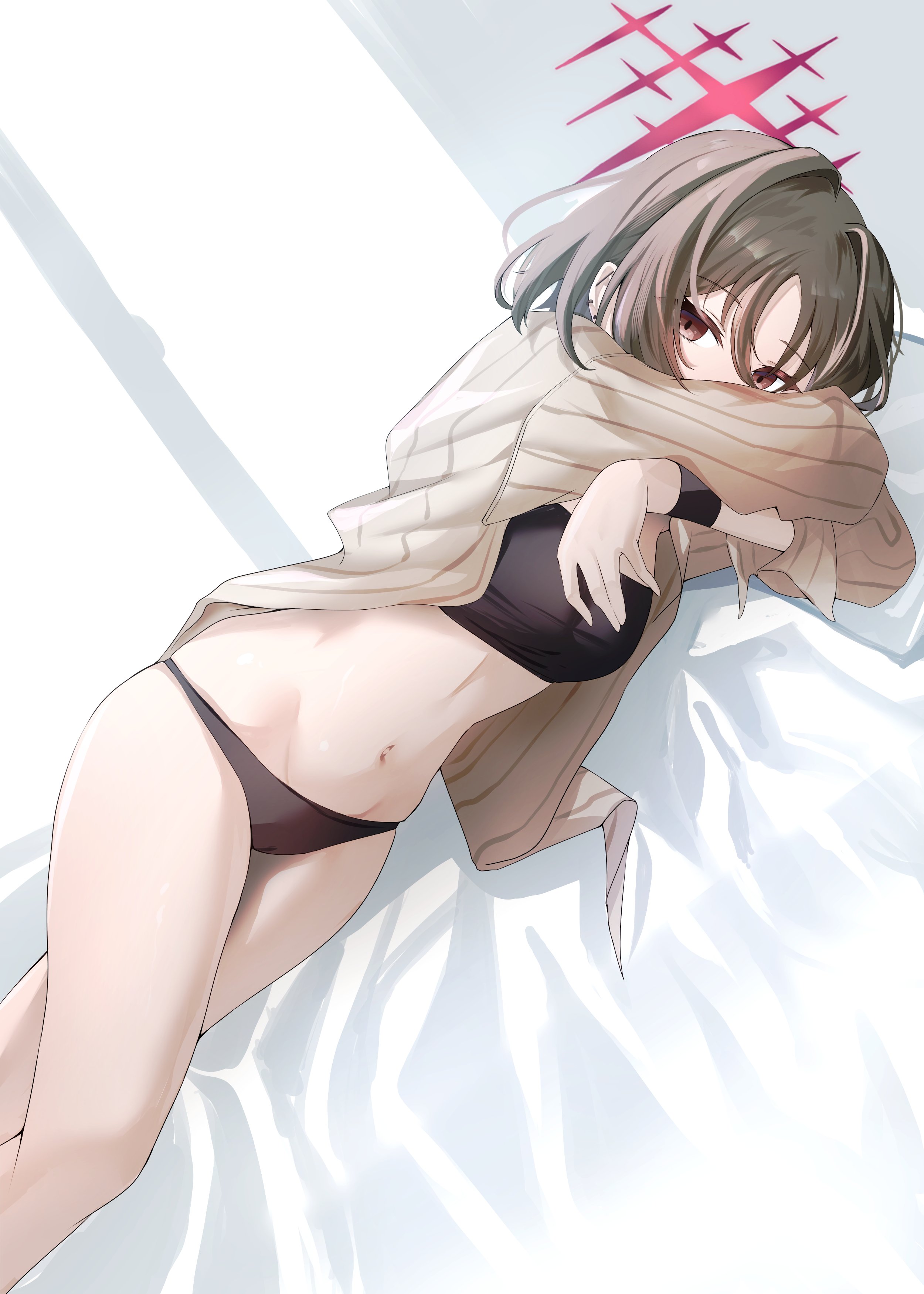 yahan (mctr5253), misaki (blue archive), misaki (swimsuit) (blue archive), blue archive, absurdres, commentary, highres, 1girl, bandeau, barbell piercing, bikini, bikini under clothes, black bandeau, black bikini, breasts, brown eyes, brown hair, covered mouth, crossed arms, ear piercing, halo, industrial piercing, looking at viewer, lying, midriff, navel, official alternate costume, on bed, on side, piercing, pinstripe pattern, pinstripe shirt, red halo, shirt, short hair, solo, stomach, striped clothes, striped shirt, swimsuit, vertical-striped clothes, vertical-striped shirt