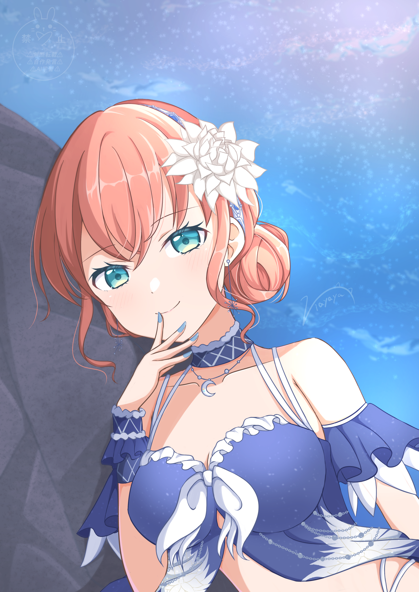 riayaya, hinoshita kaho, link! like! love live!, love live!, commentary request, highres, 1girl, aqua eyes, atarayo hanabi, bare shoulders, bikini, blue bikini, breasts, closed mouth, collarbone, earrings, flower, hair bun, hair flower, hair ornament, jewelry, large breasts, looking at viewer, lotus, lying, multi-strapped bikini top, off-shoulder bikini, off shoulder, official alternate costume, on side, orange hair, short hair, sidelocks, single hair bun, smile, solo, swimsuit, upper body, virtual youtuber, white flower