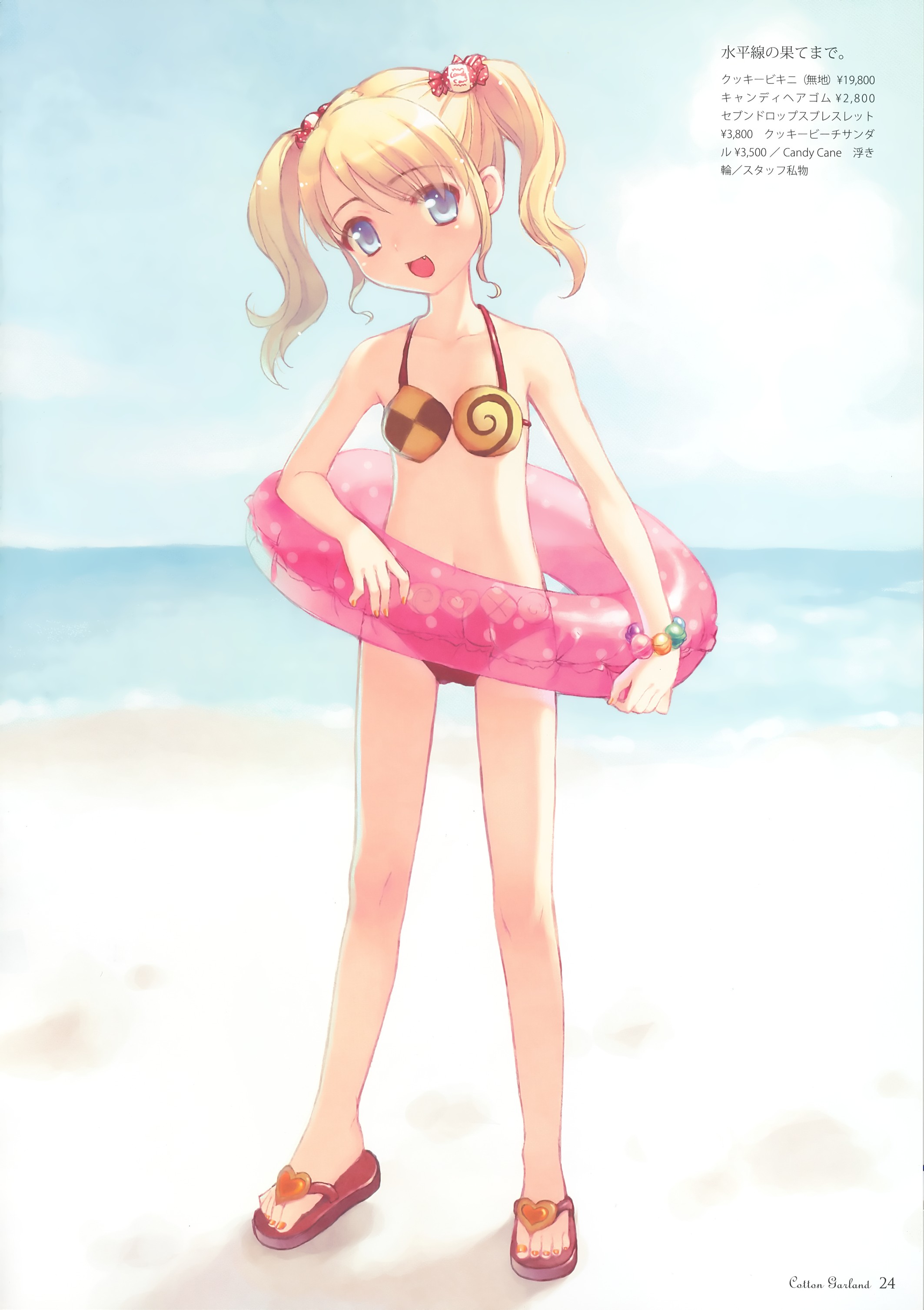 asaki yuzuno, absurdres, highres, 1girl, beach, bikini, blonde hair, blue eyes, blush, child, cotton child, day, fang, female focus, flip-flops, food-themed clothes, happy, innertube, legs, nail polish, ocean, orange nails, pireze, polka dot, sandals, short hair, solo, swim ring, swimsuit, twintails