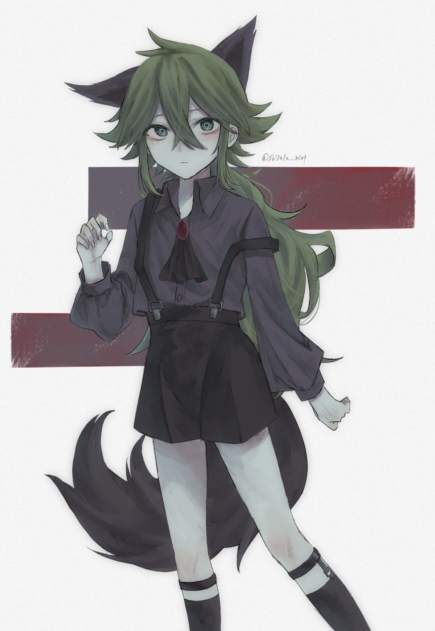 shirata mint, n (pokemon), nintendo, pokemon, pokemon bw, commentary request, highres, 1boy, aged down, animal ears, ascot, black ascot, black shorts, black socks, closed mouth, collared shirt, green hair, grey shirt, hair between eyes, hand up, long hair, looking at viewer, male focus, shirt, shorts, socks, solo, suspender shorts, suspenders, suspenders slip, tail