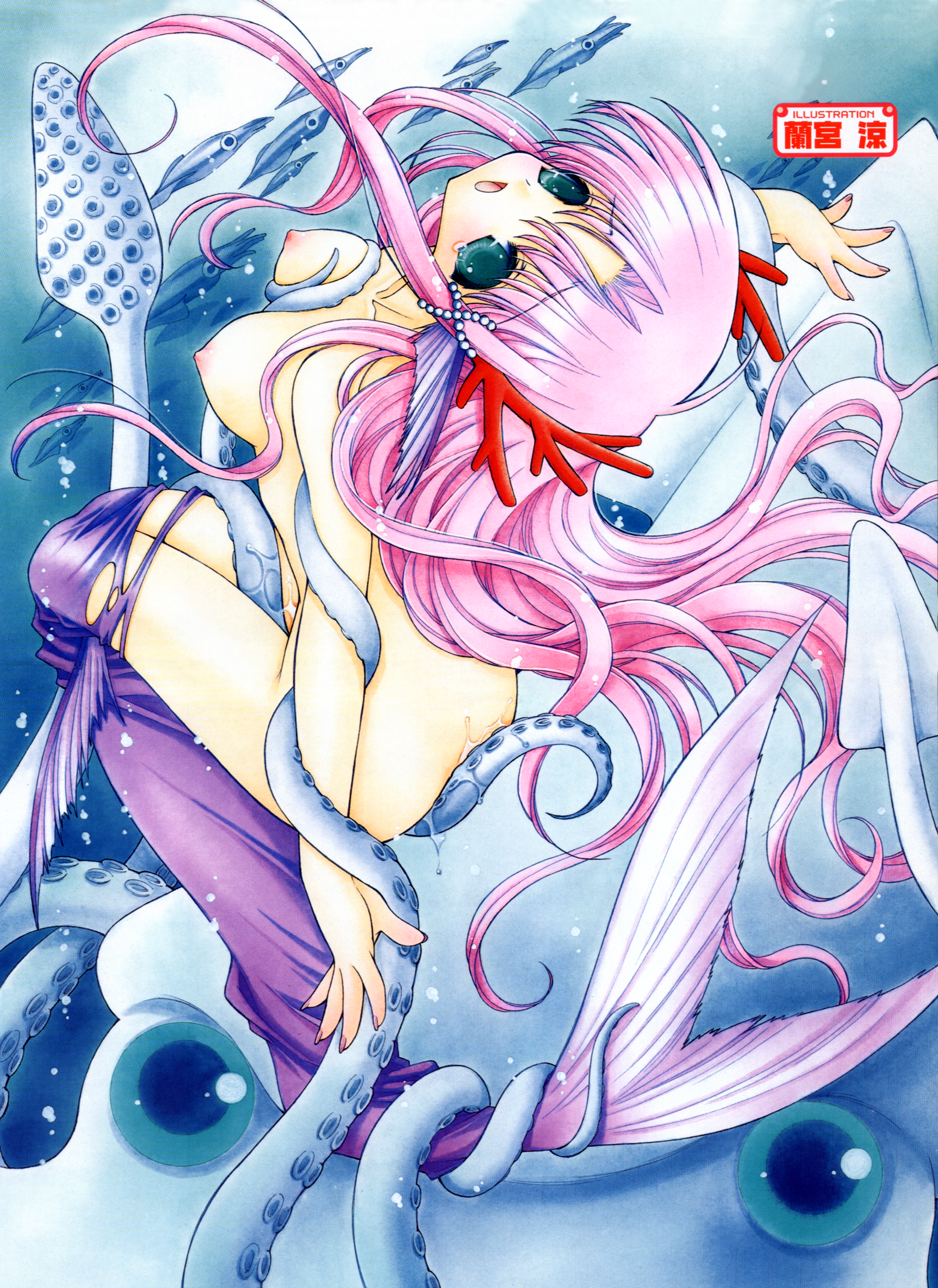 ramiya ryou, absurdres, highres, green eyes, mermaid, monster girl, pink hair, squid, tentacles