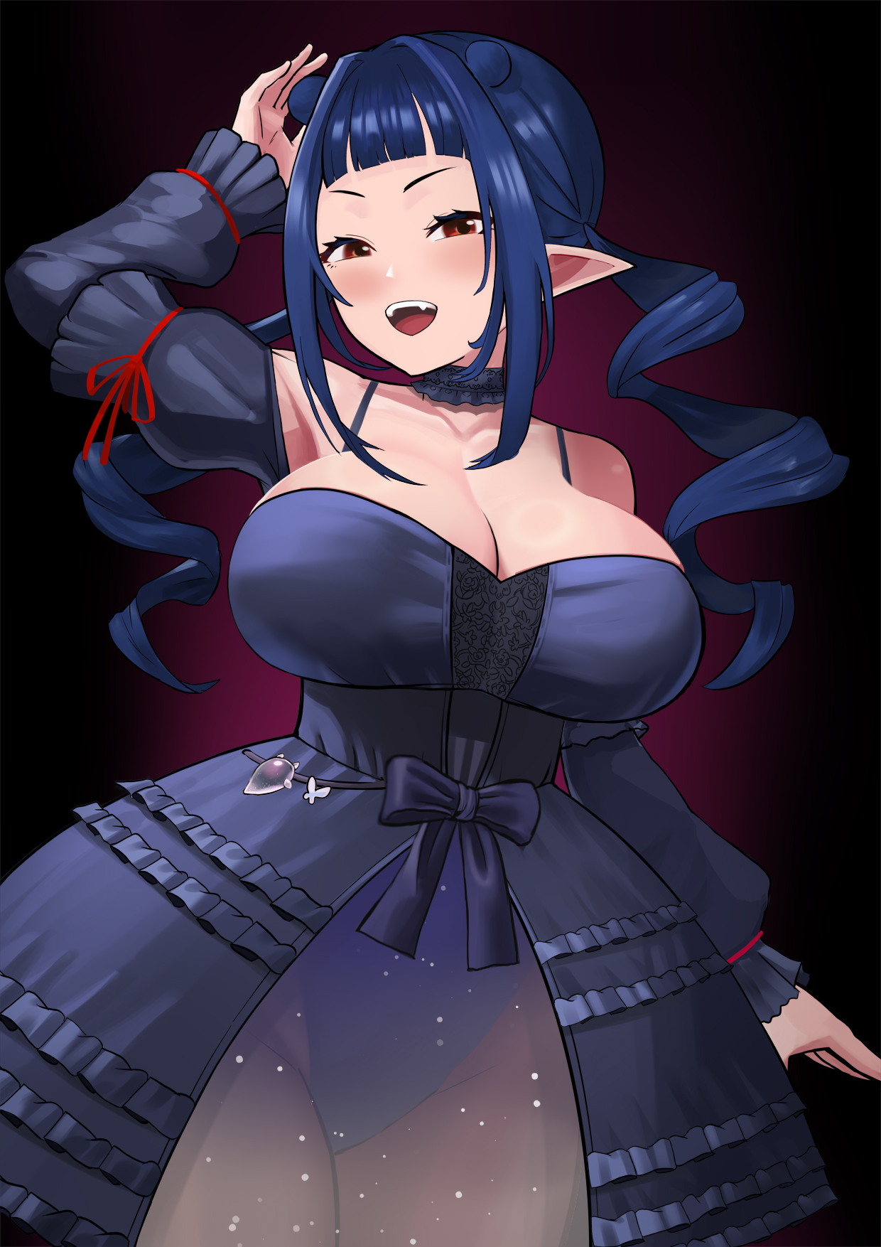 heiz illust, dizzy dokuro, phase connect, bare shoulders, breasts, drill hair, looking at viewer, pointy ears, red eyes, twin drills