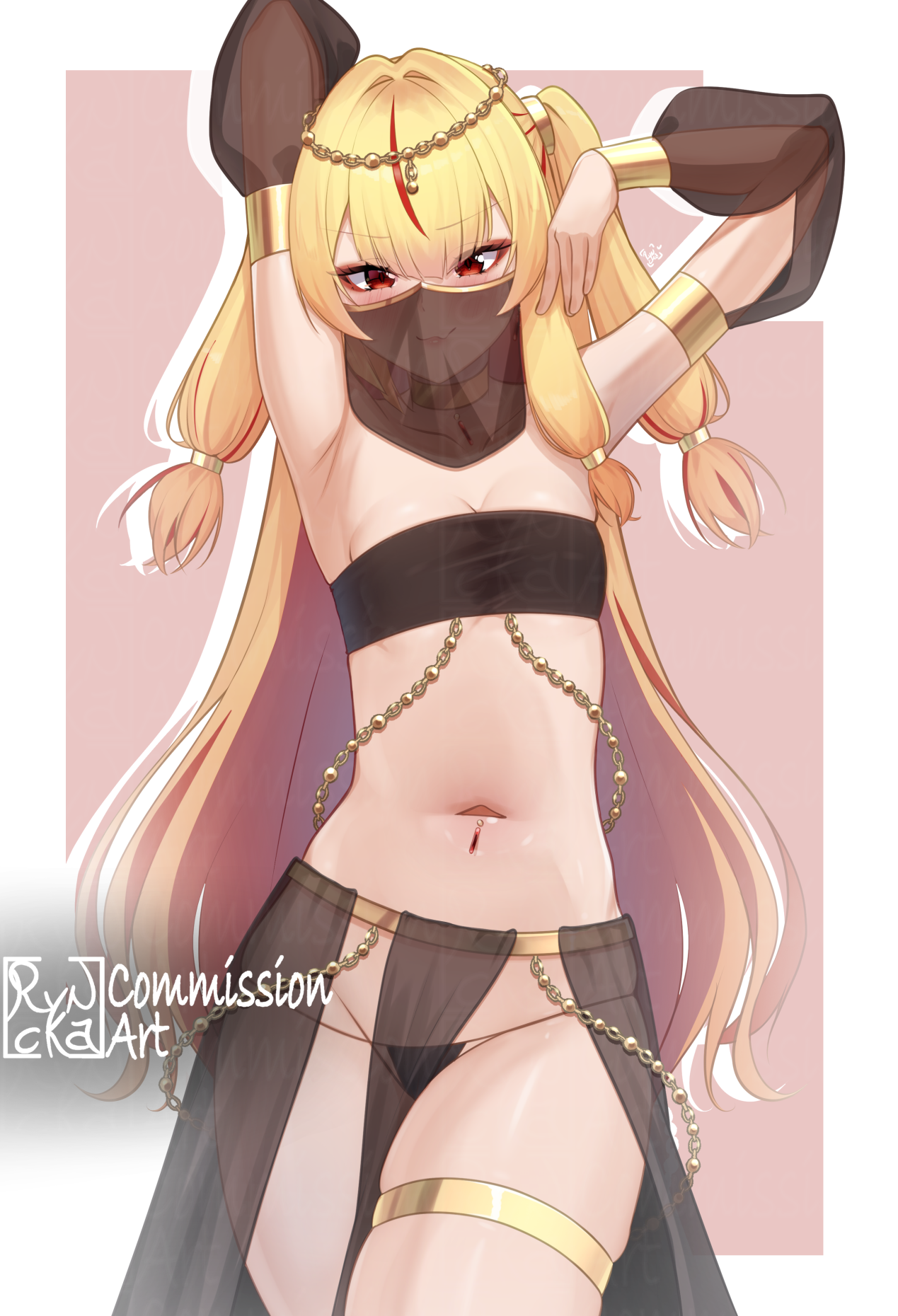 ryncka, ruby runeheart, chromashift, commission, 1girl, arm behind head, armlet, arms up, artist name, black cape, black loincloth, black panties, black tube top, blonde hair, breasts, cape, closed mouth, cowboy shot, eyelashes, eyeshadow, female focus, harem outfit, jewelry, loincloth, long hair, looking at viewer, lowleg, lowleg panties, makeup, mouth veil, multicolored hair, naughty face, navel, orange background, panties, petite, red eyes, red eyeshadow, red hair, revealing clothes, simple background, small breasts, smile, solo, standing, strapless, thighlet, thighs, tube top, two-tone background, two-tone hair, two side up, underwear, veil, virtual youtuber, waist cape, white background