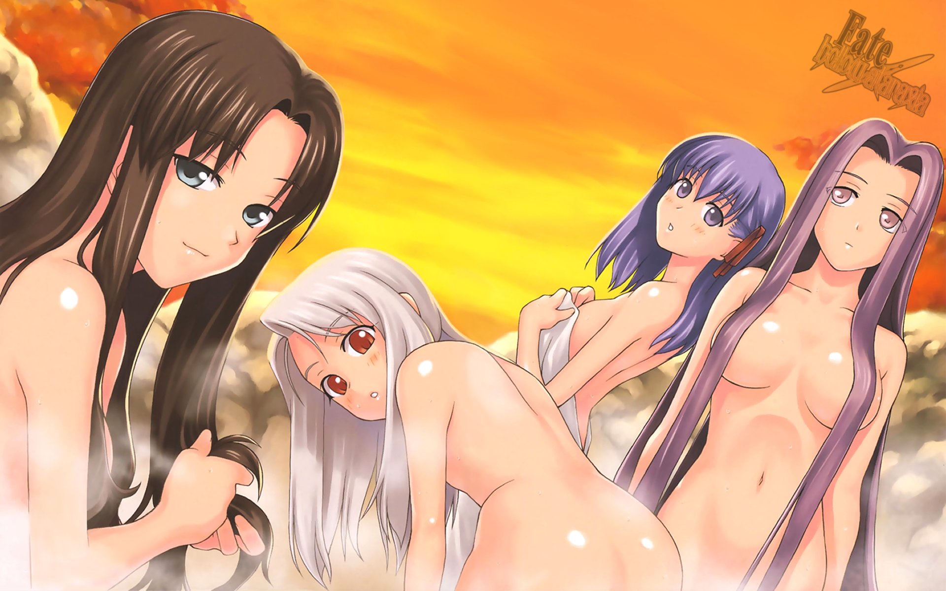 tanaka shoutarou, illyasviel von einzbern, matou sakura, medusa (fate), medusa (rider) (fate), tohsaka rin, fate/hollow ataraxia, fate/stay night, fate (series), looking away, wallpaper, widescreen, highres, 00s, 4girls, :o, adjusting hair, age difference, albino, ass, back, bent over, black hair, blue eyes, blush, breasts, censored, cloud, convenient censoring, embarrassed, flat chest, from behind, hair censor, hair over breasts, hair ribbon, long hair, looking at viewer, looking back, multiple girls, naked towel, naughty face, navel, nude, onsen, open mouth, outdoors, parted bangs, purple eyes, purple hair, red eyes, ribbon, ruffling hair, shiny skin, sitting, sky, smile, standing, steam, sunset, towel, very long hair, white hair