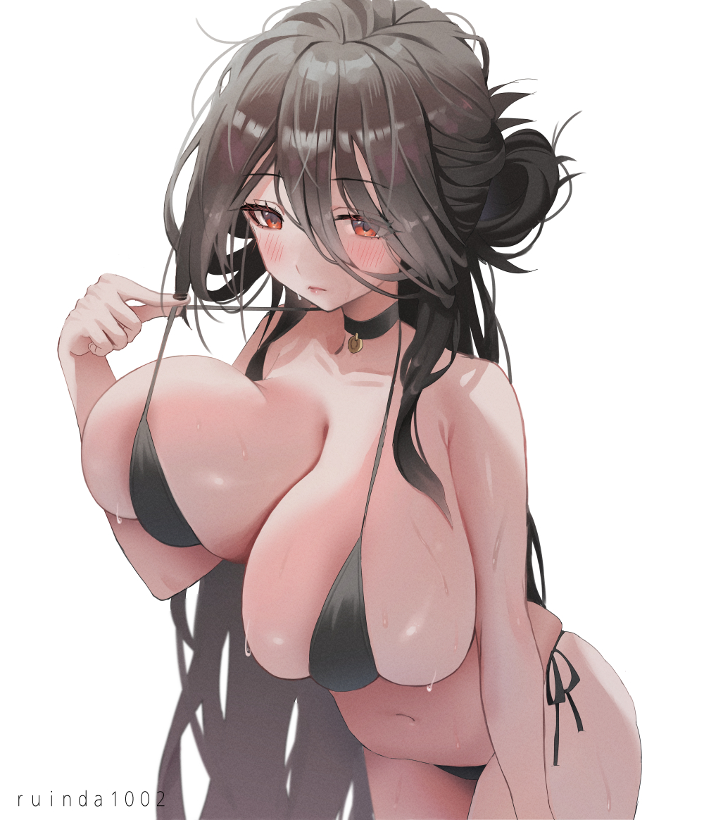 ruinda, hasumi (blue archive), hasumi (swimsuit) (blue archive), blue archive, 1girl, bikini, black bikini, black choker, blush, breasts, choker, closed mouth, hair between eyes, hair bun, huge breasts, long hair, looking at viewer, navel, official alternate costume, official alternate hairstyle, red eyes, sidelocks, solo, stomach, swimsuit