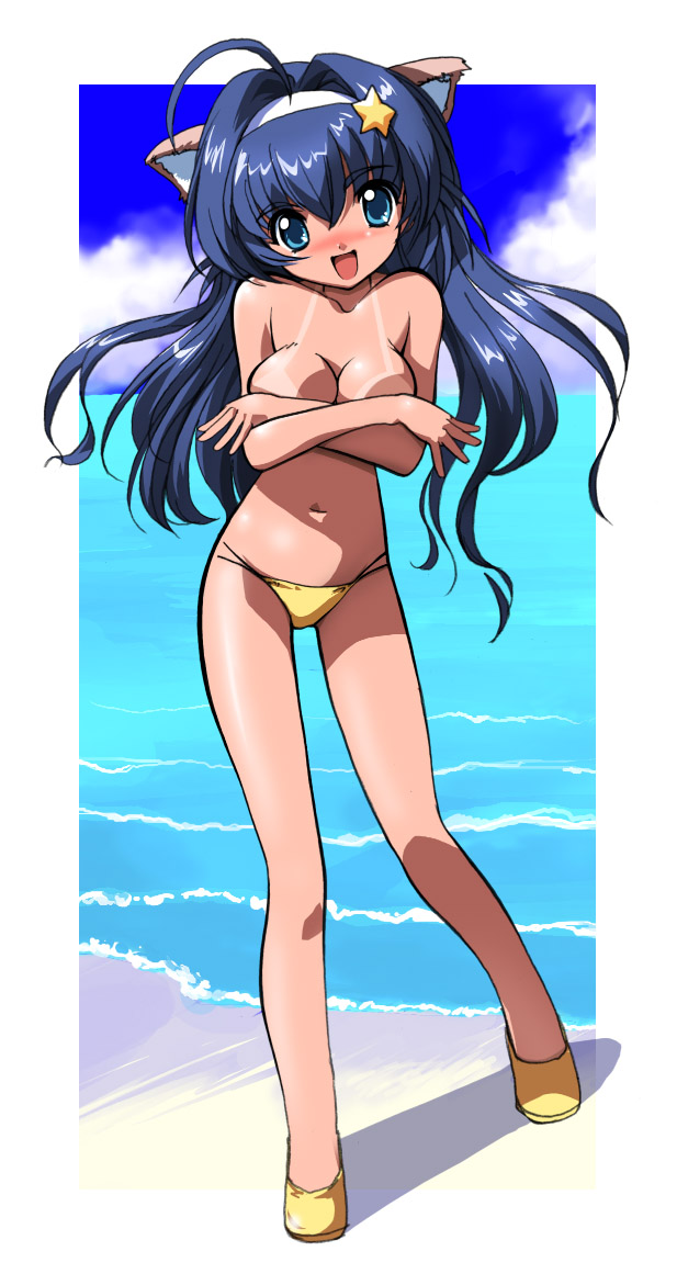 csy, breast hold, 1girl, animal ears, beach, bikini, bikini tan, blue eyes, blue hair, blush, breasts, breasts squeezed together, cat ears, cat girl, cleavage, cloud, collarbone, covering breasts, covering privates, day, female focus, hair ornament, hairband, long hair, looking at viewer, medium breasts, navel, ocean, open mouth, sand, shoes, sky, smile, solo, standing, star (symbol), star hair ornament, swimsuit, tan, tanline, topless female, water, yellow bikini, yellow shoes
