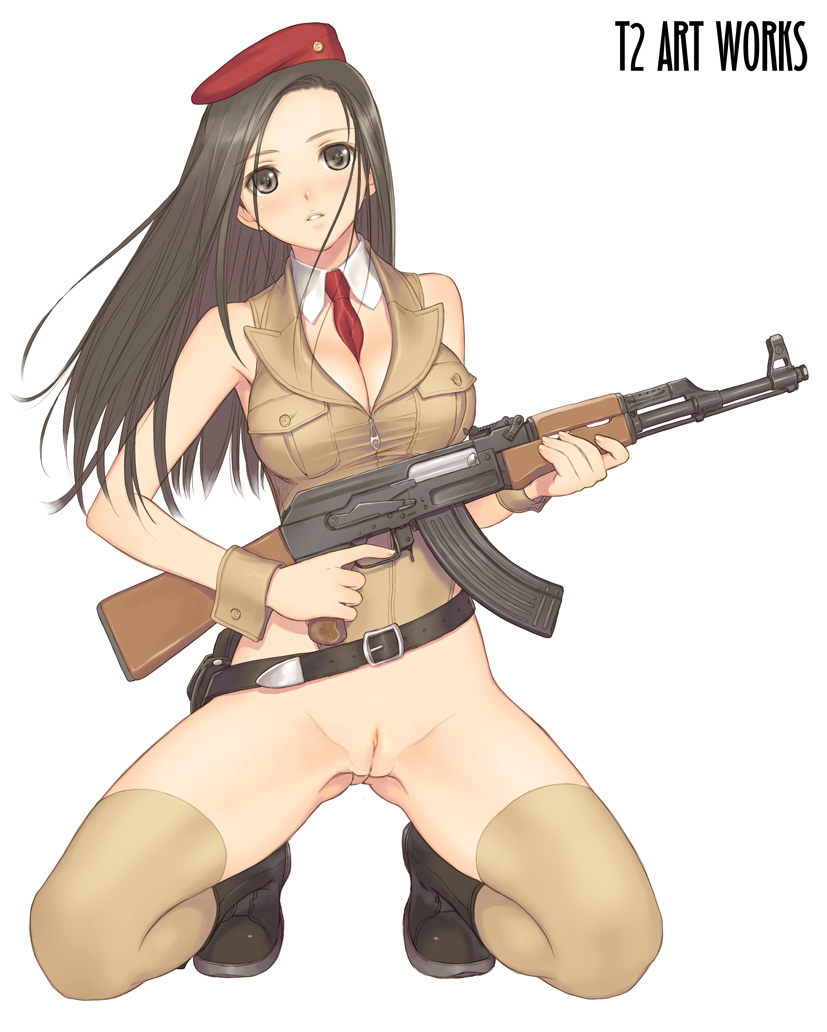 tony taka, nude filter, third-party edit, 1girl, ak-47, assault rifle, belt, beret, black hair, boots, bottomless, breasts, cleavage, cleft of venus, female focus, full body, gluteal fold, grey eyes, gun, hat, kalashnikov rifle, kneeling, long hair, military, military uniform, necktie, pussy, rifle, simple background, solo, thighhighs, uncensored, weapon, white background, wrist cuffs