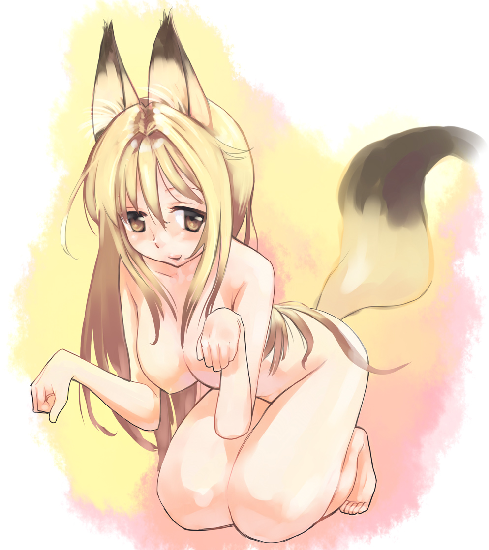 gk, minamoto chizuru, kanokon, 00s, 1girl, animal ears, barefoot, blonde hair, breasts, female focus, fox ears, kneeling, nude, paw pose, solo, tail
