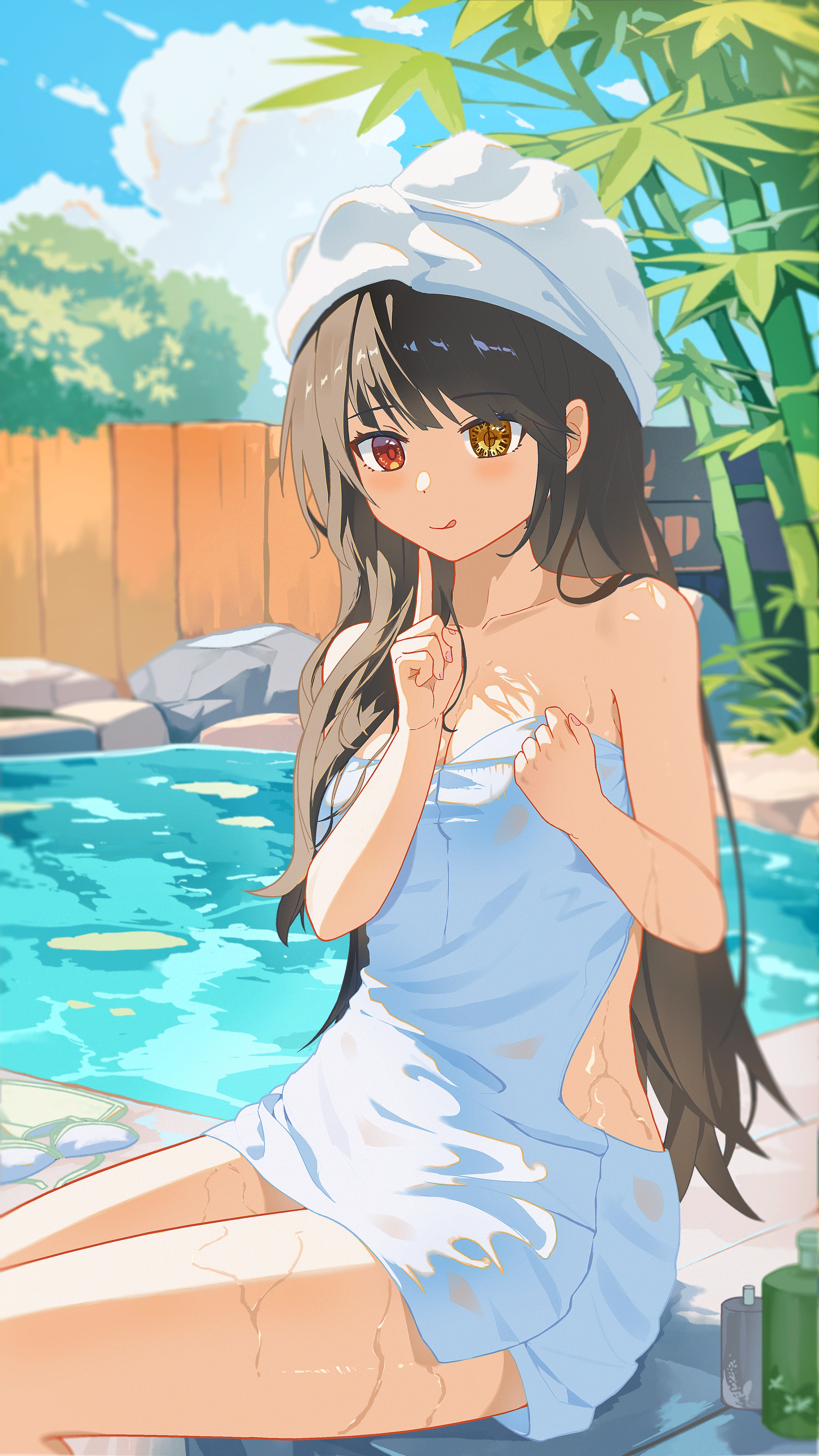 innga hui, tokisaki kurumi, date a live, absurdres, highres, 1girl, bamboo, black hair, blue sky, breasts, clock eyes, cloud, day, heterochromia, japanese clothes, kimono, long hair, looking at viewer, medium breasts, outdoors, red eyes, sky, smile, solo, symbol-shaped pupils, tongue, tongue out, towel, towel on head, yellow eyes, yukata