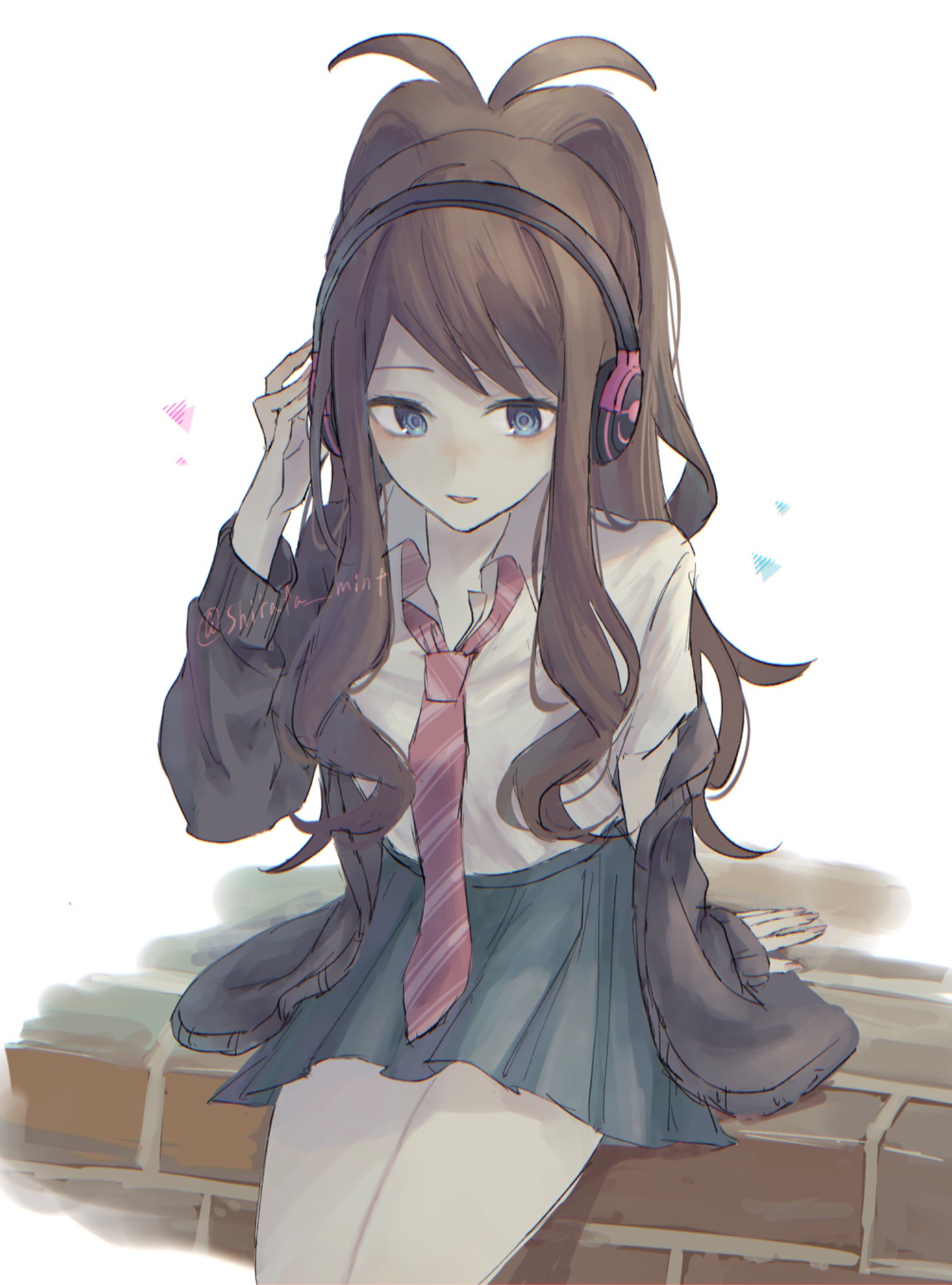 shirata mint, hilda (pokemon), nintendo, pokemon, pokemon bw, commentary request, highres, 1girl, alternate costume, antenna hair, arm support, blue eyes, brown hair, collared shirt, diagonal-striped clothes, diagonal-striped necktie, hand up, headphones, jacket, long hair, necktie, open clothes, open jacket, open mouth, pink necktie, pleated skirt, shirt, sidelocks, single off shoulder, skirt, smile, solo, striped clothes, twitter username, watermark