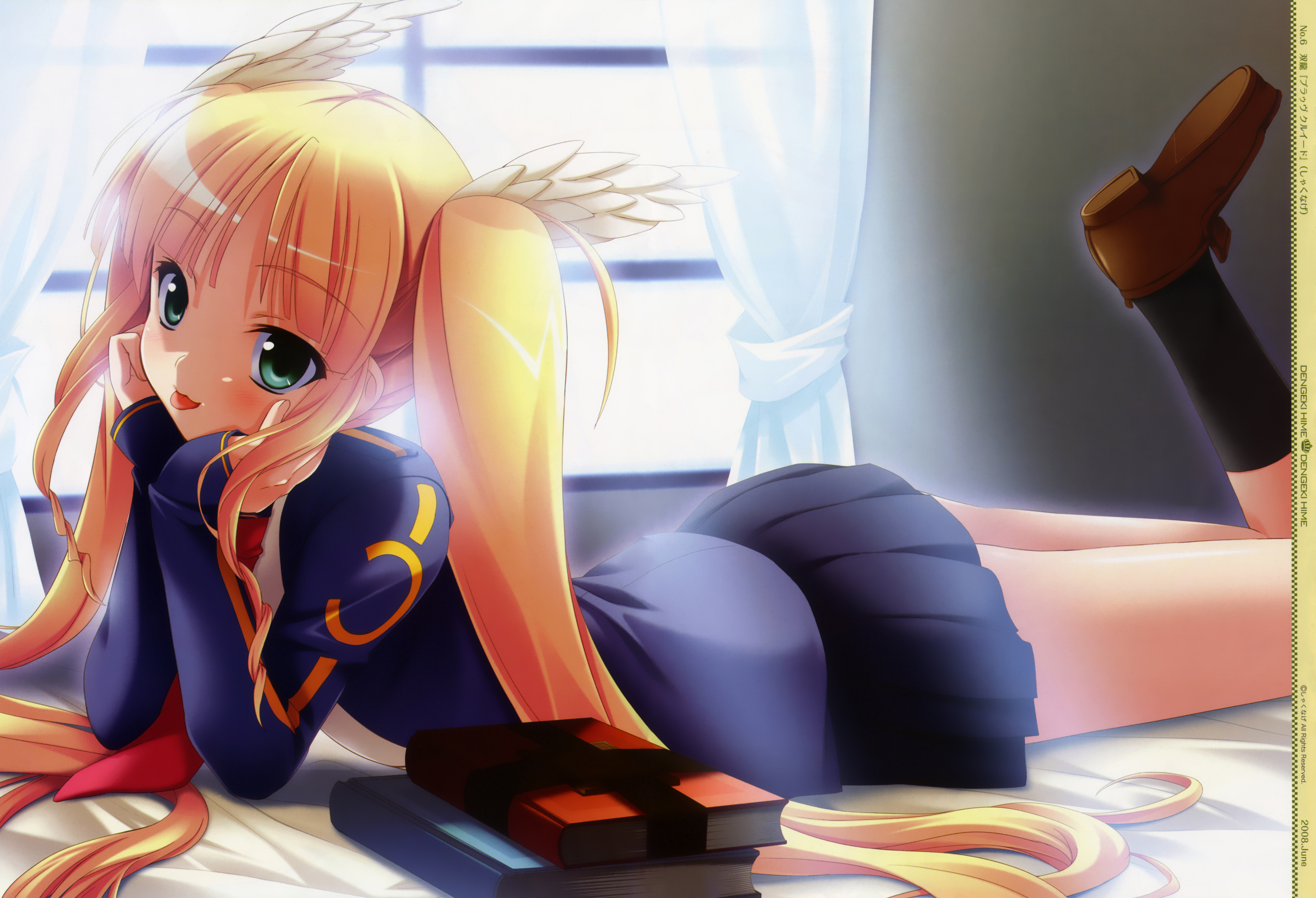 souryuu (double dragon), alfhild tranen, dengeki hime, prawf clwyd, shakunage, absurdres, highres, 00s, 1girl, 2008, bed, bedroom, black skirt, black socks, blonde hair, blue jacket, blush, book, brown shoes, curtains, dated, female focus, green eyes, hair ornament, head rest, jacket, june, long hair, long sleeves, looking at viewer, lying, puffy sleeves, school uniform, shirt, shoes, skirt, smile, socks, solo, tongue, tongue out, twintails, white shirt, window, wing hair ornament
