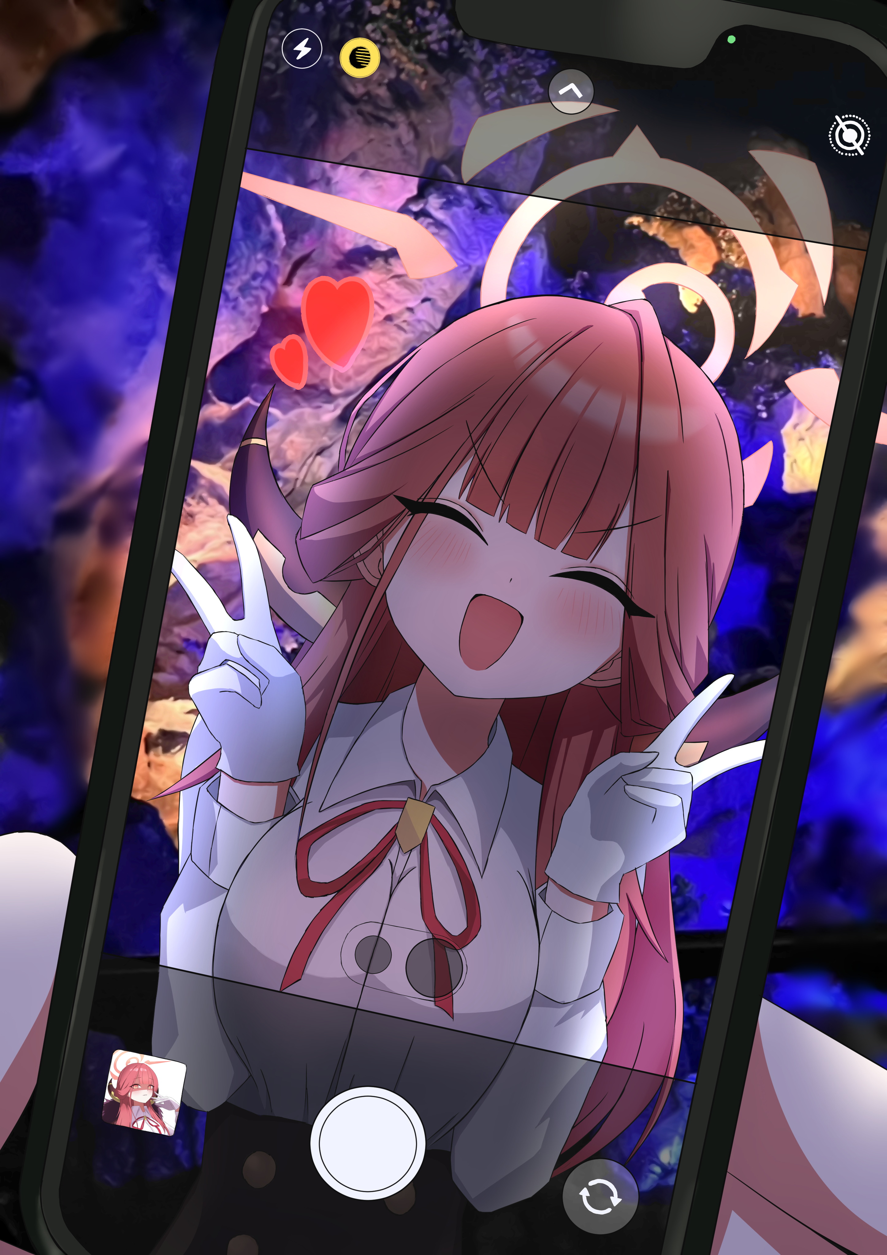 aru (blue archive), blue archive, absurdres, highres, 1girl, 1other, black skirt, blush, cellphone, demon girl, demon horns, denden (denden kotatumuri), double v, gloves, halo, heart, high-waist skirt, holding, holding phone, horns, long hair, open mouth, phone, pink halo, pov, red hair, red ribbon, ribbon, shirt, skirt, smartphone, taking picture, upper body, v, white gloves, white shirt