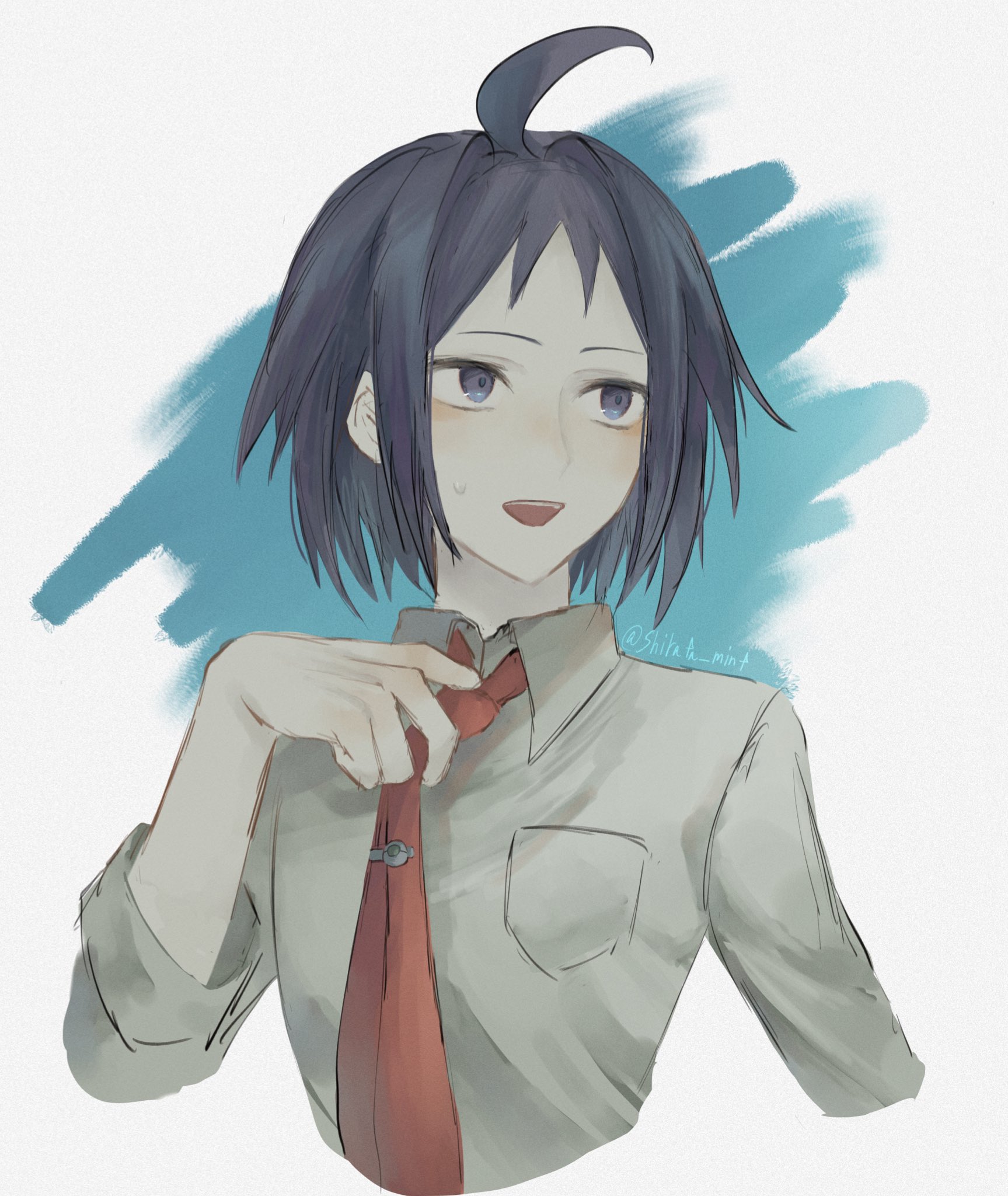 shirata mint, cheren (pokemon), nintendo, pokemon, pokemon bw, commentary request, highres, 1boy, adjusting clothes, adjusting necktie, ahoge, black hair, breast pocket, collared shirt, grey eyes, hand up, looking to the side, male focus, necktie, open mouth, pocket, shirt, short hair, solo, sweatdrop, teeth, tieclip, upper teeth only