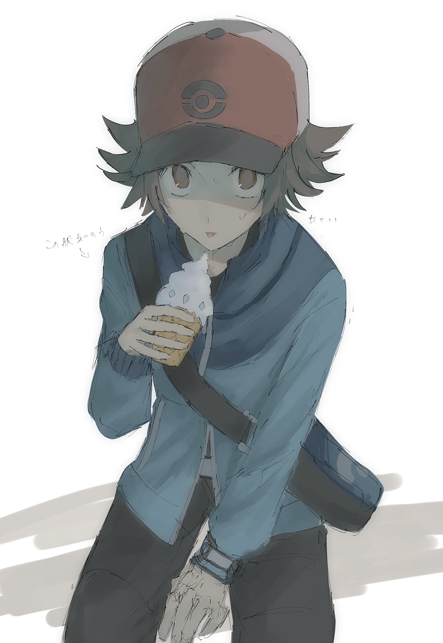 shirata mint, hilbert (pokemon), nintendo, pokemon, pokemon bw, highres, translation request, 1boy, arrow (symbol), bag, black pants, blue jacket, brown eyes, brown hair, food, hat, holding, ice cream, jacket, long sleeves, looking at viewer, male focus, no pupils, pants, red hat, shaded face, short hair, shoulder bag, solo, sweatdrop, tongue, tongue out, xtransceiver