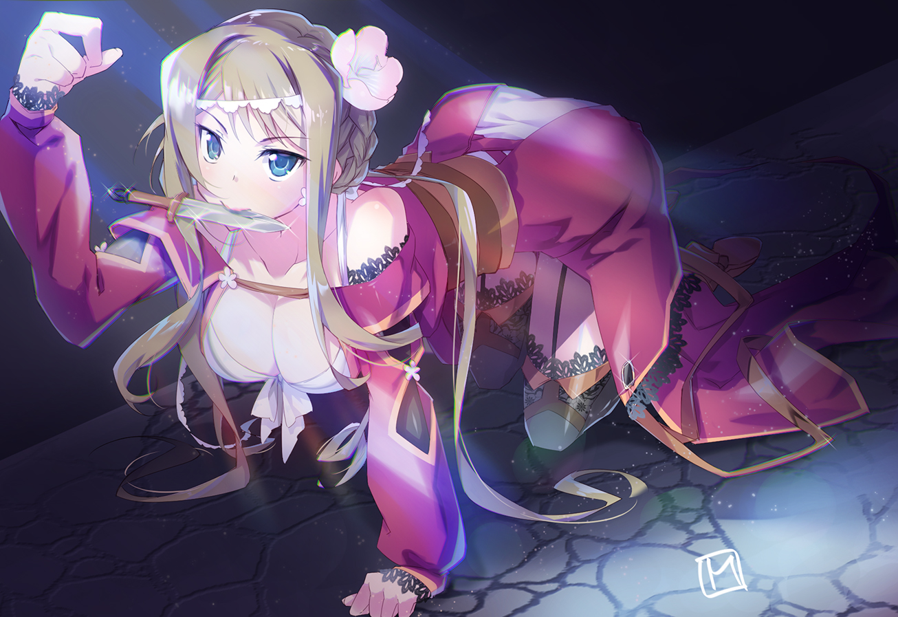 artist request, character request, copyright request, second-party source, 1girl, all fours, ass, bare shoulders, blue eyes, breasts, cleavage, dress, full body, knife, knife in mouth, large breasts, long hair, long sleeves, mouth hold, red dress, solo, thighhighs, very long hair