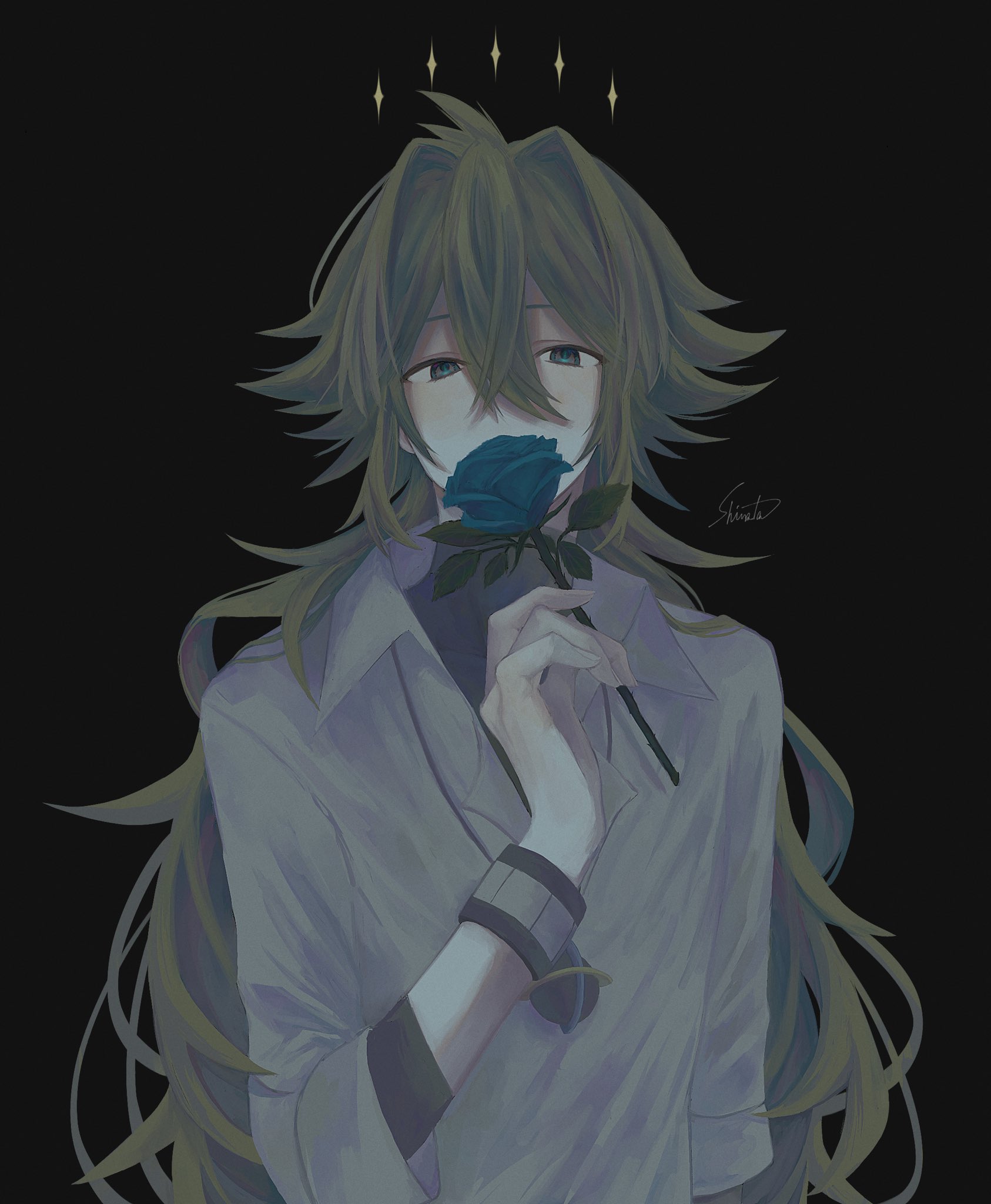 shirata mint, n (pokemon), nintendo, pokemon, pokemon bw, commentary, highres, 1boy, blue flower, collared shirt, crossed bangs, flower, grey eyes, hair between eyes, hair intakes, holding, holding flower, jewelry, looking at viewer, male focus, necklace, shirt, signature, solo, undershirt, upper body, wristband