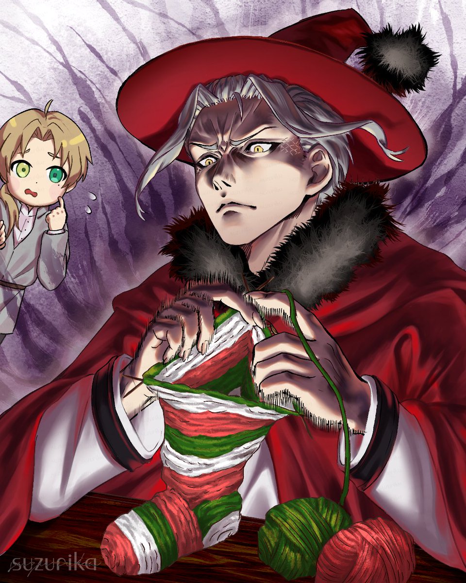 suzurika26, orsted (mushoku tensei), rudeus greyrat, mushoku tensei, highres, 2boys, ahoge, brown hair, fur-trimmed collar, fur trim, hat, heterochromia, knitting, looking at another, mole, mole under eye, multiple boys, nervous sweating, serious, socks, sweat, white hair, witch hat, yellow eyes