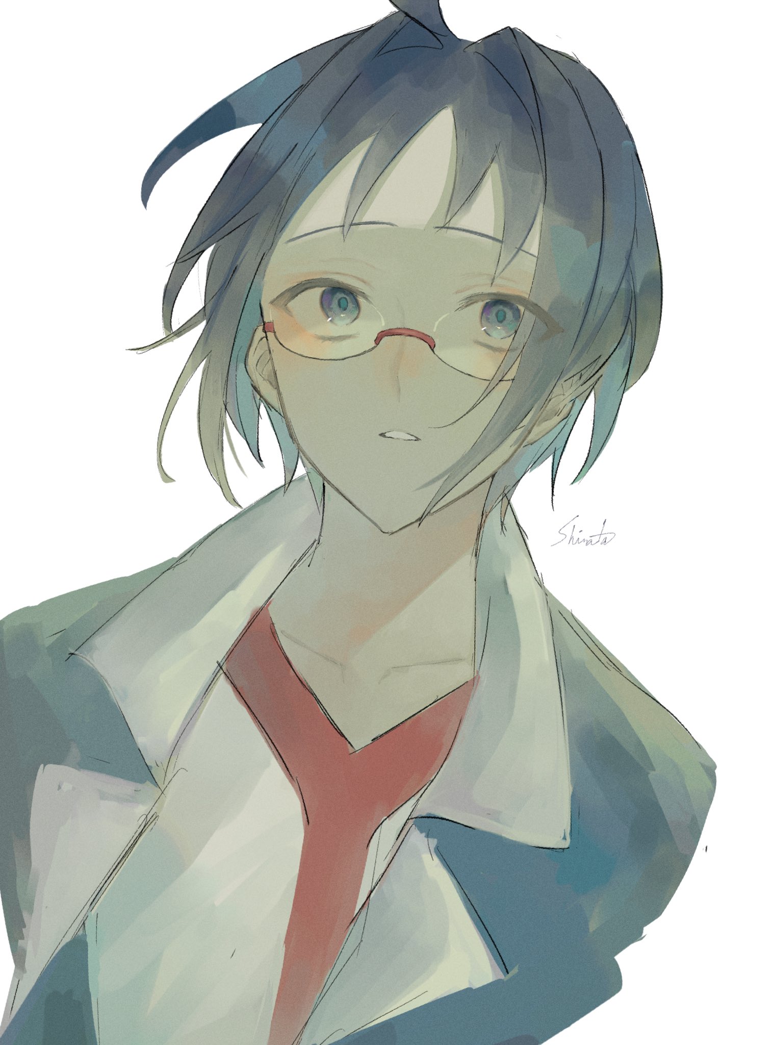 shirata mint, cheren (pokemon), nintendo, pokemon, pokemon bw, highres, 1boy, black hair, collarbone, collared jacket, glasses, jacket, male focus, open clothes, open jacket, shirt, short hair, signature, simple background, solo, upper body, white background