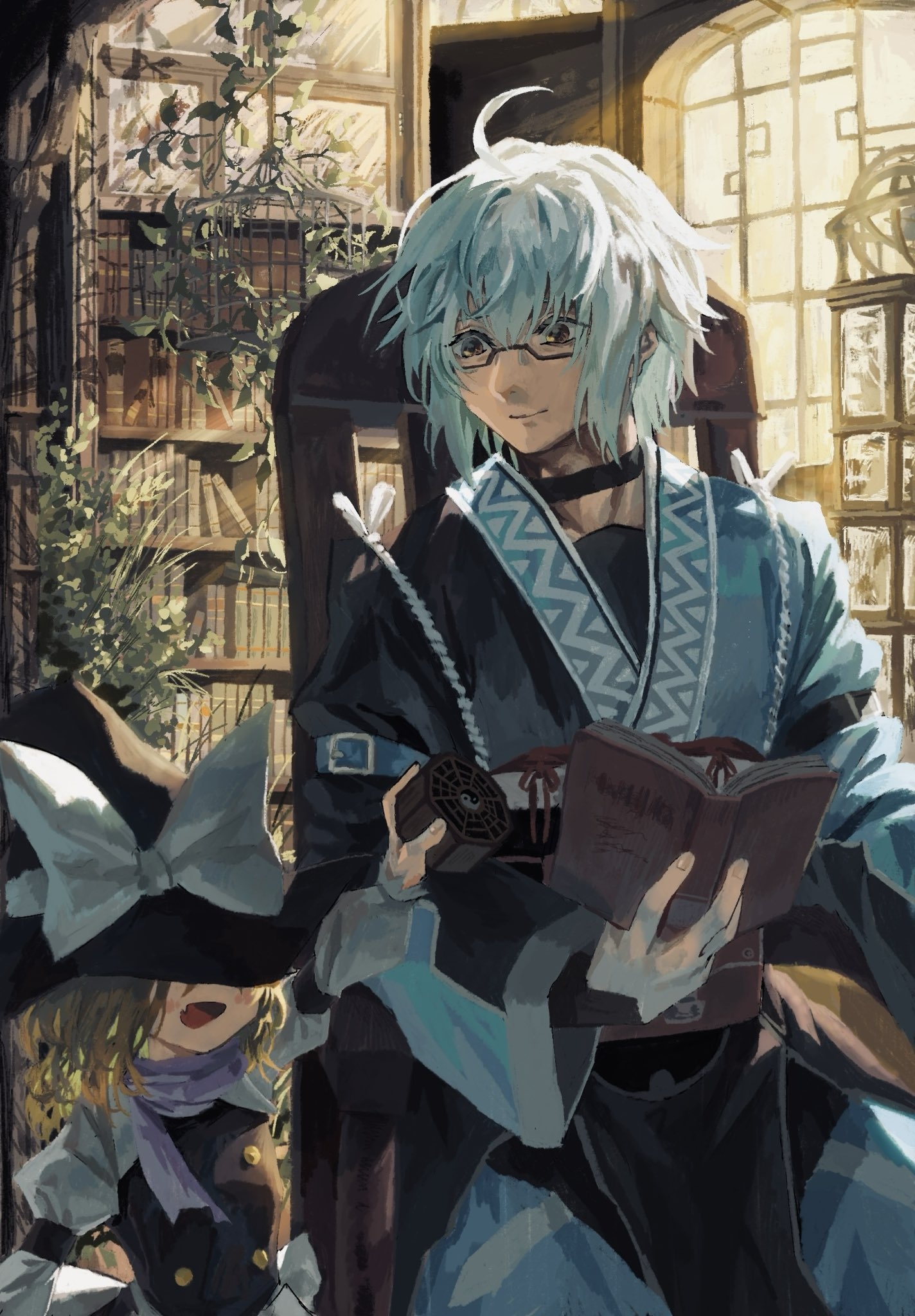 bababa, kirisame marisa, morichika rinnosuke, touhou, commentary request, highres, 1boy, 1girl, black choker, black hat, black vest, blonde hair, blue scarf, blush, book, bookshelf, bow, brown eyes, buttons, cabinet, chair, choker, fang, foliage, grey hair, hat, hat bow, hat over eyes, holding, holding book, holding weapon, indoors, japanese clothes, kourindou, light rays, light smile, long sleeves, looking at another, looking down, medium hair, mini-hakkero, on chair, open book, open mouth, plant, scarf, shirt, short hair, sitting, skin fang, smile, sunbeam, sunlight, vest, vines, weapon, white bow, white shirt, window, witch hat, yin yang