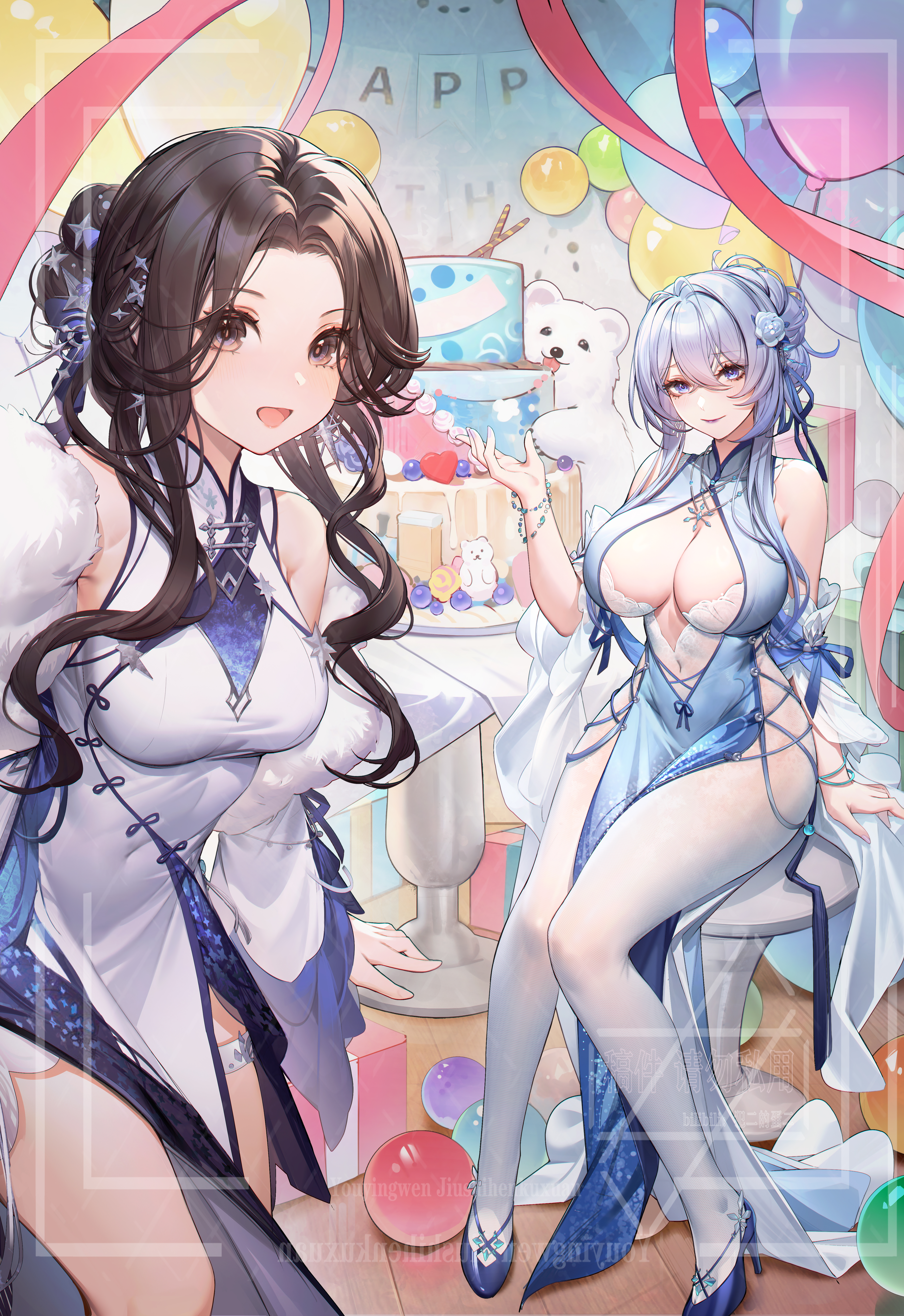 q18607, original, absurdres, chinese commentary, commentary request, commission, highres, 2girls, arm support, balloon, bare shoulders, bear, black hair, blue eyes, blue hair, blush, breasts, brown eyes, cake, center opening, china dress, chinese clothes, cleavage, closed mouth, covered navel, criss-cross strings, curtained hair, detached sleeves, dress, feather boa, flower, food, forehead, hair between eyes, hair flower, hair ornament, halter dress, halterneck, hand up, indoors, large breasts, long sleeves, medium breasts, mole, mole under eye, multiple girls, on stool, open mouth, pantyhose, pelvic curtain, pink ribbon, ribbon, sidelocks, smile, standing, table, thigh strap, thighs, tile floor, tiles, watermark, white dress, white pantyhose