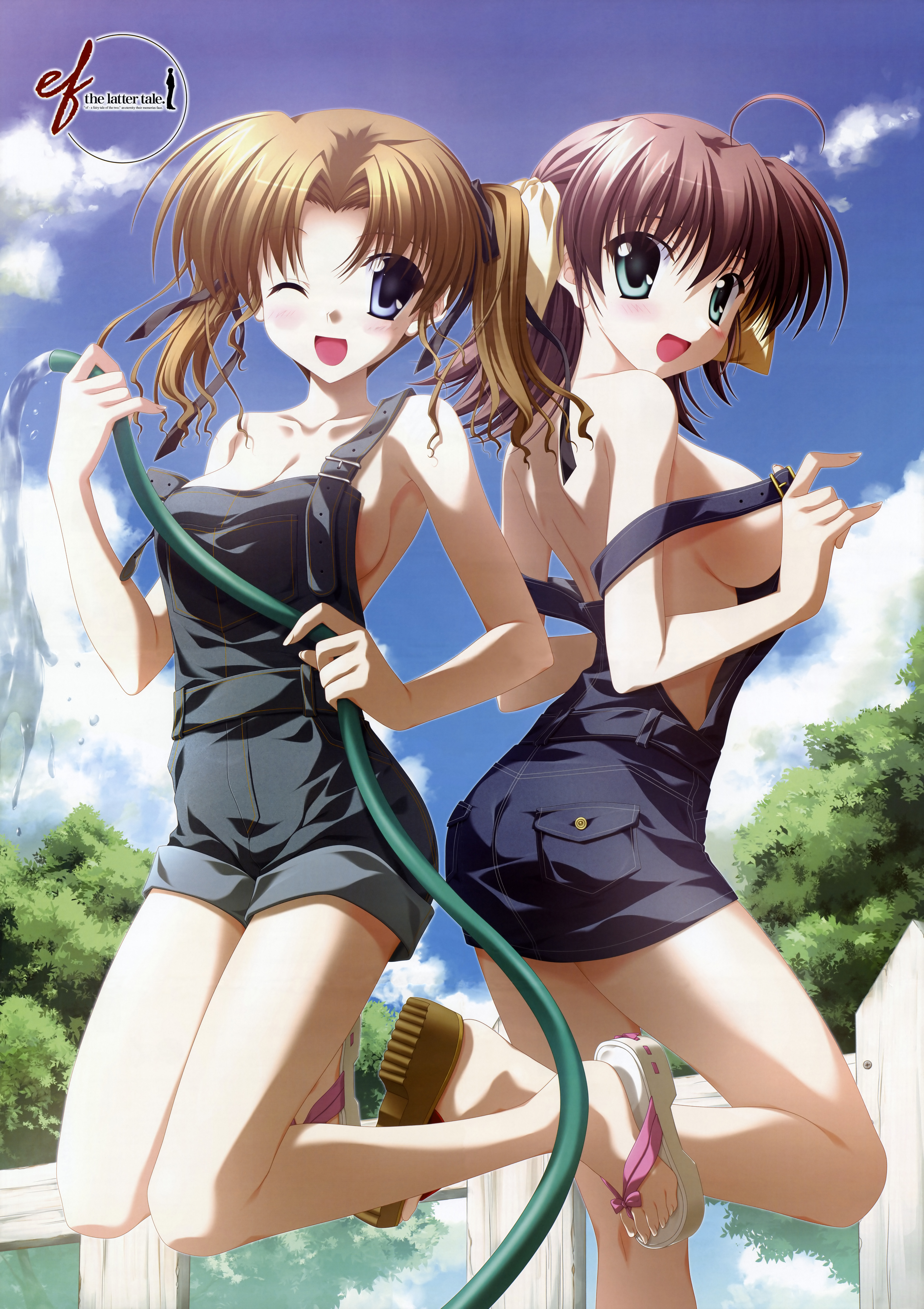 nanao naru, hayama mizuki, miyamura miyako, ef (visual novel), ef ~a fairytale of the two~, absurdres, highres, huge filesize, scan, 00s, 2girls, ahoge, back, back-to-back, bare shoulders, blue eyes, blush, breasts, brown hair, cleavage, cloud, day, denim, dungarees, feet, green eyes, hair ribbon, hose, jumping, large breasts, leg lift, legs, looking back, multiple girls, naked overalls, no bra, off shoulder, one eye closed, outdoors, overall shorts, overalls, purple hair, red hair, ribbon, sandals, short hair, sideboob, sky, strap slip, toes, topless female, tree, twintails, undressing, wink