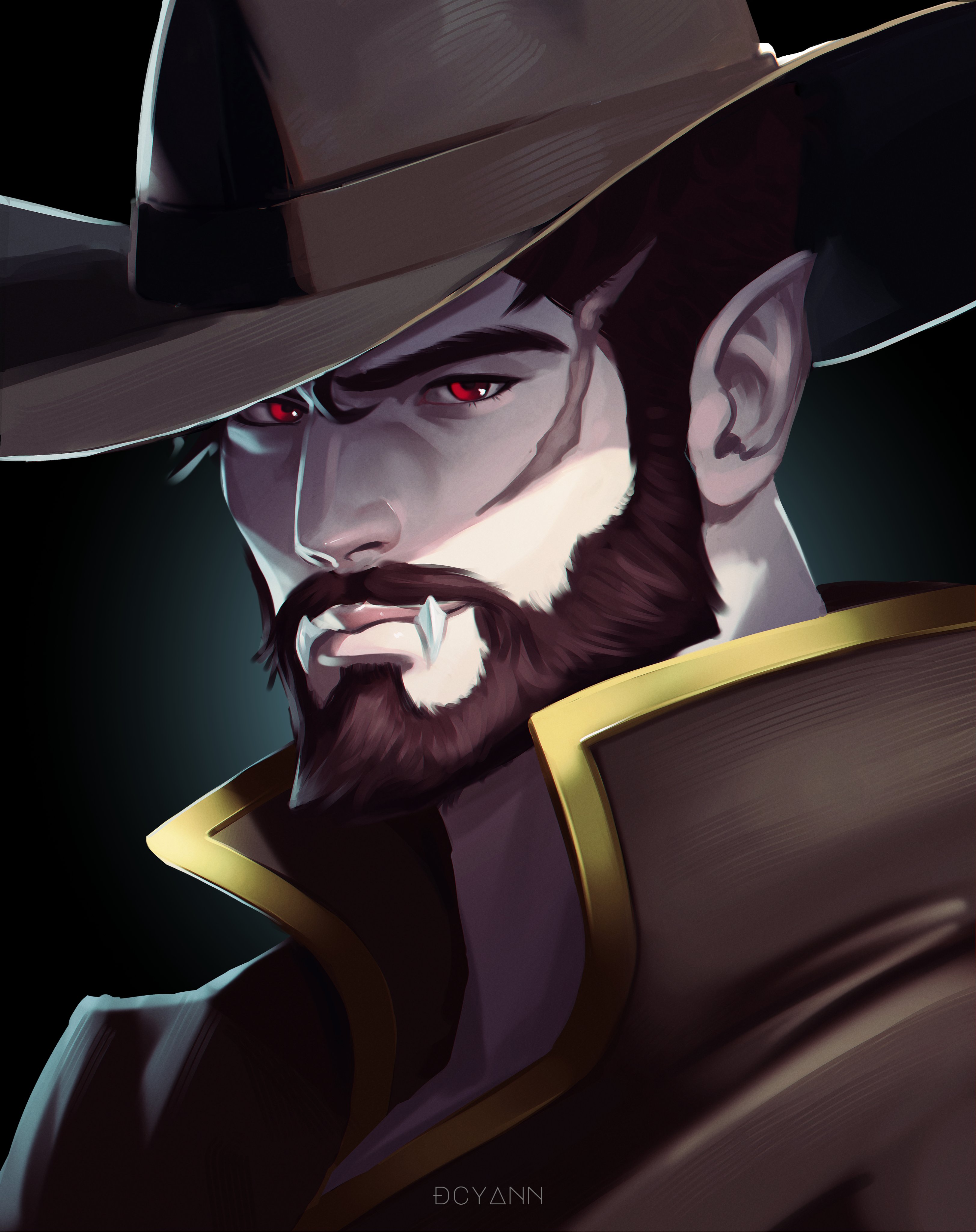 dcyann, original, absurdres, highres, 1boy, artist name, beard, black hat, black jacket, brown hair, colored skin, cowboy hat, facial hair, grey skin, hat, jacket, looking at viewer, male focus, pointy ears, portrait, red eyes, scar, scar on face, solo, tusks