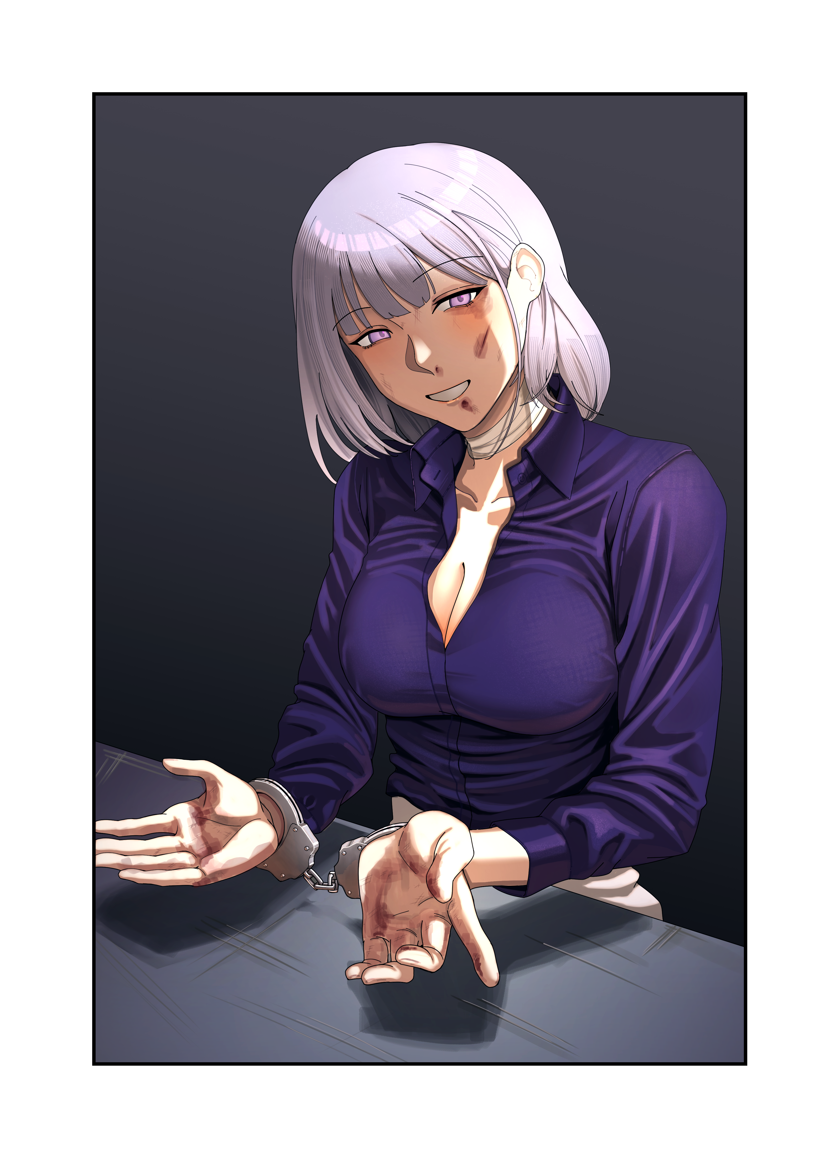 fire ritsu, rpk-16 (girls' frontline), rpk-16 (renate) (girls' frontline), girls' frontline, absurdres, commentary, english commentary, highres, 1girl, bandaged neck, bandages, breasts, cleavage, collarbone, cuffs, formal clothes, grey background, grey hair, handcuffs, long sleeves, looking at viewer, medium breasts, medium hair, official alternate costume, official style, open mouth, parted lips, purple eyes, purple shirt, scar, scar on face, scratches, shackles, shirt, simple background, sitting, skirt, smile, smirk, solo, table, teeth, upper body, white skirt