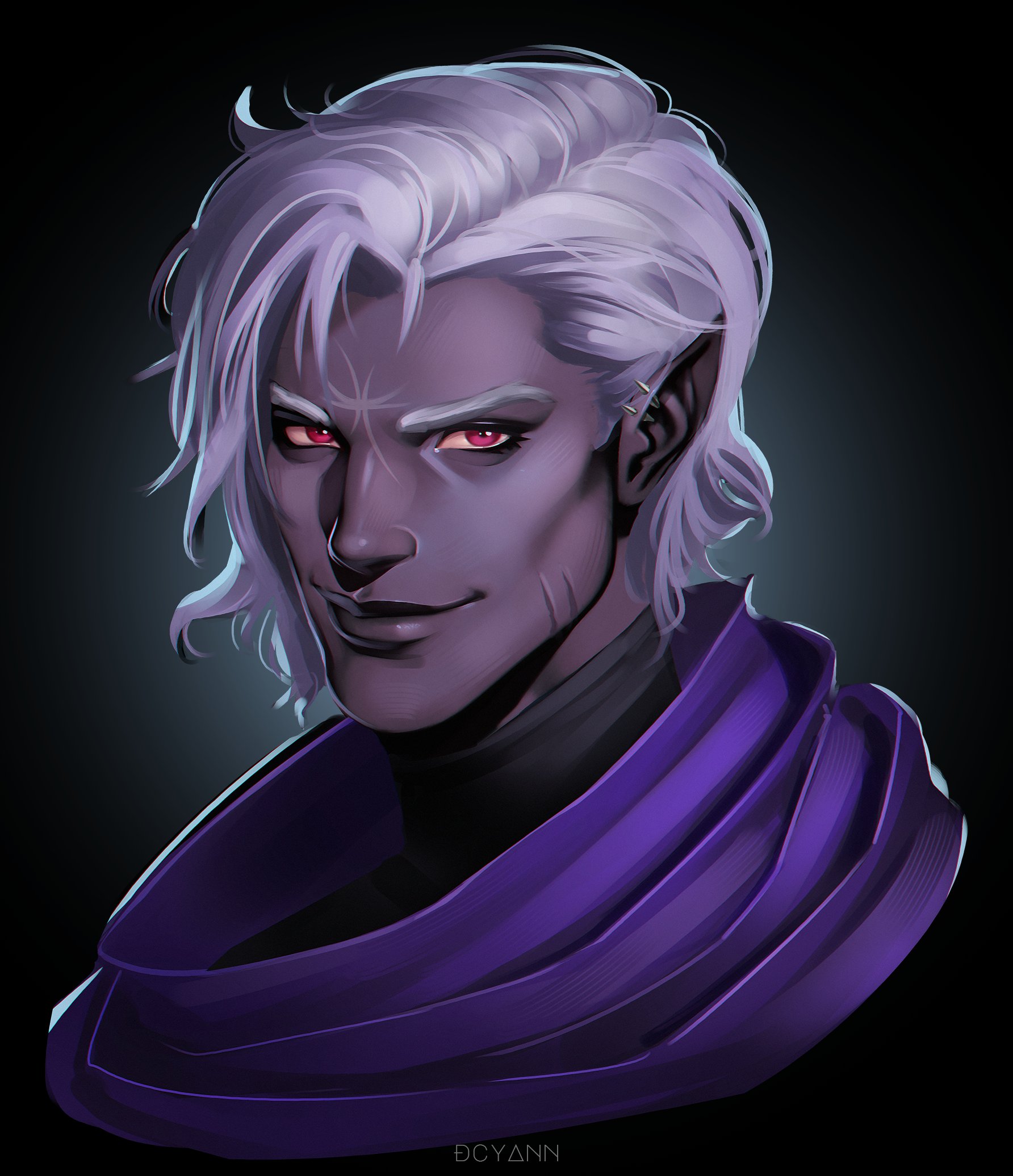 dcyann, original, highres, 1boy, artist name, colored skin, dark elf, elf, grey hair, looking at viewer, male focus, pointy ears, portrait, purple skin, red eyes, short hair, solo