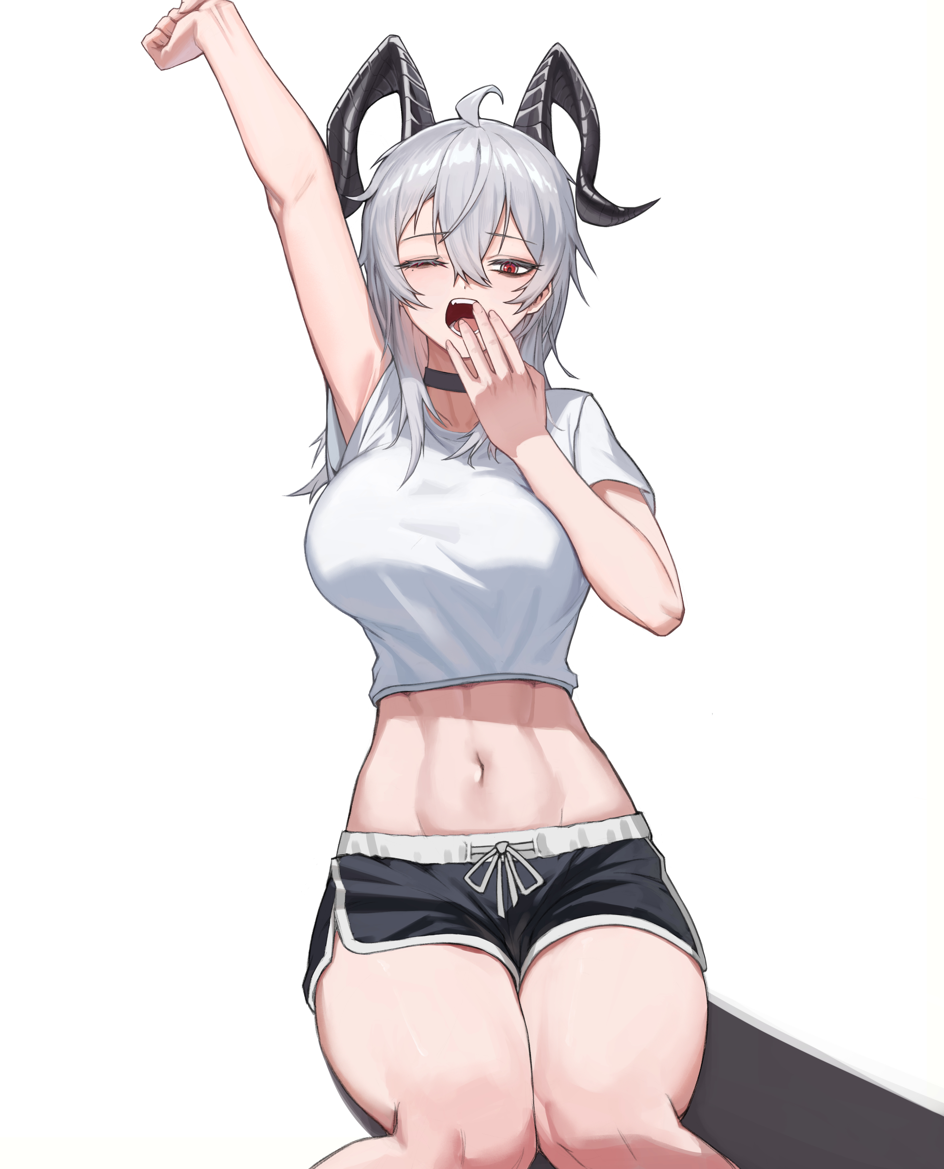ueek722, zani (wuthering waves), wuthering waves, absurdres, highres, 1girl, ahoge, alternate costume, arm up, black choker, black horns, black shorts, breasts, choker, crop top, curled horns, dolphin shorts, grey hair, hair between eyes, hand up, horns, large breasts, long hair, looking at viewer, missing commentary, navel, one eye closed, red eyes, shirt, shorts, simple background, sitting, solo, stomach, stretching, thighs, white background, white shirt, yawning