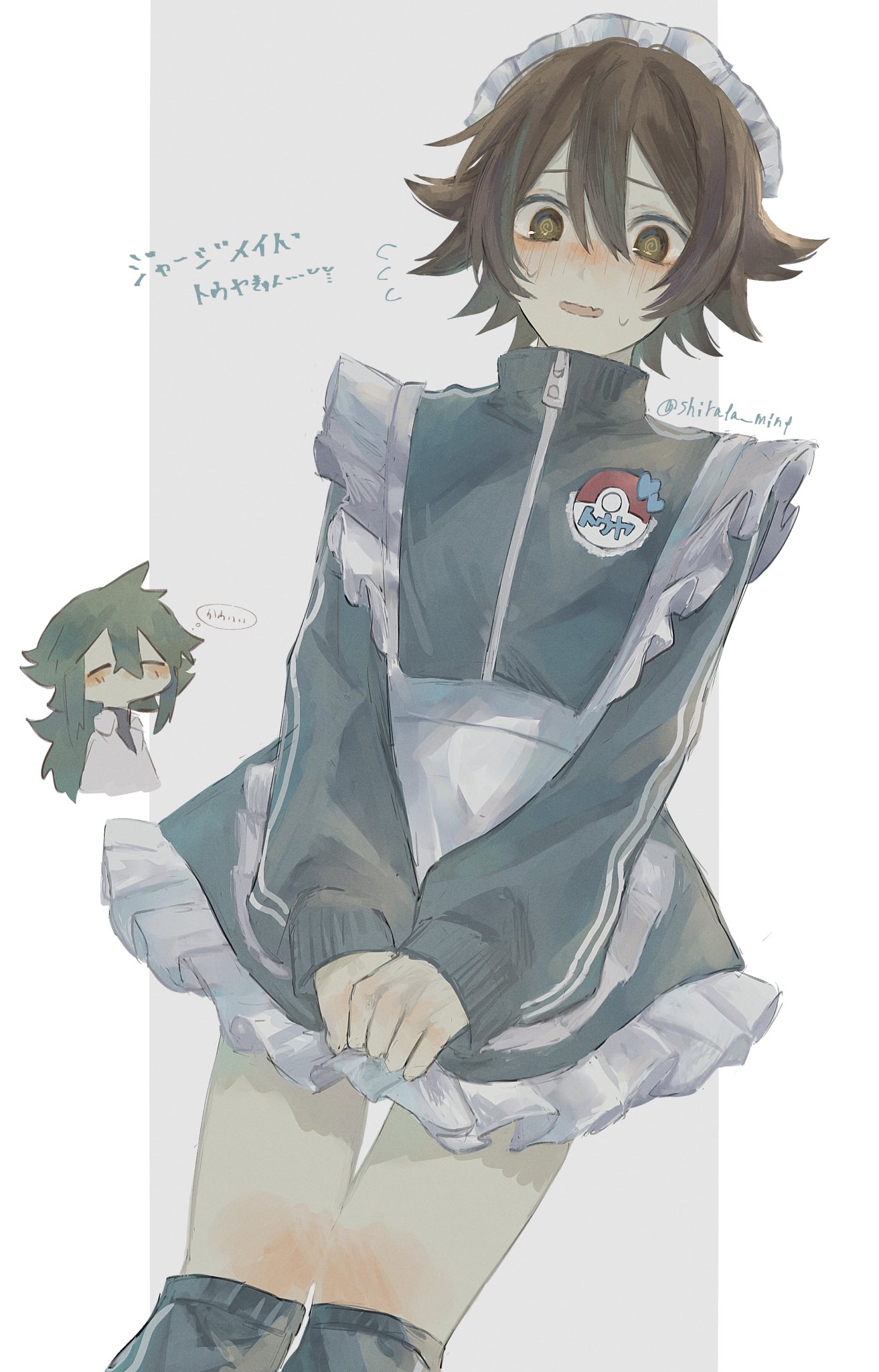 shirata mint, hilbert (pokemon), n (pokemon), nintendo, pokemon, pokemon bw, commentary request, highres, 2boys, alternate costume, apron, black thighhighs, brown eyes, brown hair, crossdressing, crossdressing (mtf), flying sweatdrops, grey background, hair between eyes, jersey maid, long sleeves, looking down, maid, male focus, male maid, multiple boys, open mouth, poke ball print, short hair, sleeves past wrists, socks, sweat, thighhighs, twitter username, unconventional maid, waist apron, zettai ryouiki, zipper pull tab