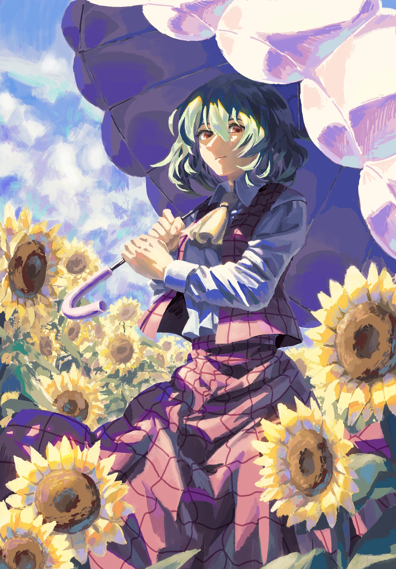 bababa, kazami yuuka, touhou, commentary request, highres, 1girl, ascot, blue sky, brush stroke, cloud, cloudy sky, collared shirt, day, expressionless, feet out of frame, field, flower, flower field, green hair, holding, holding umbrella, long skirt, long sleeves, looking at viewer, medium hair, outdoors, parasol, pink umbrella, plaid clothes, plaid skirt, plaid vest, red eyes, red skirt, red vest, shirt, skirt, sky, solo, standing, sunflower, umbrella, vest, white shirt, yellow ascot