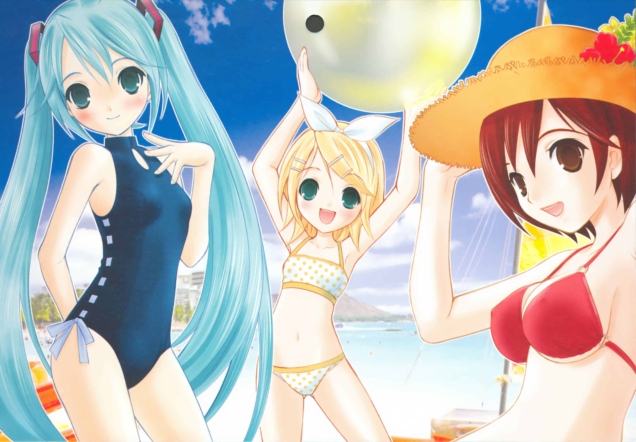 hapido, hatsune miku, kagamine rin, meiko (vocaloid), vocaloid, highres, 00s, 2008, aqua hair, bikini, blonde hair, breasts, brown eyes, calendar, navel, pireze, red hair, swimsuit, twintails