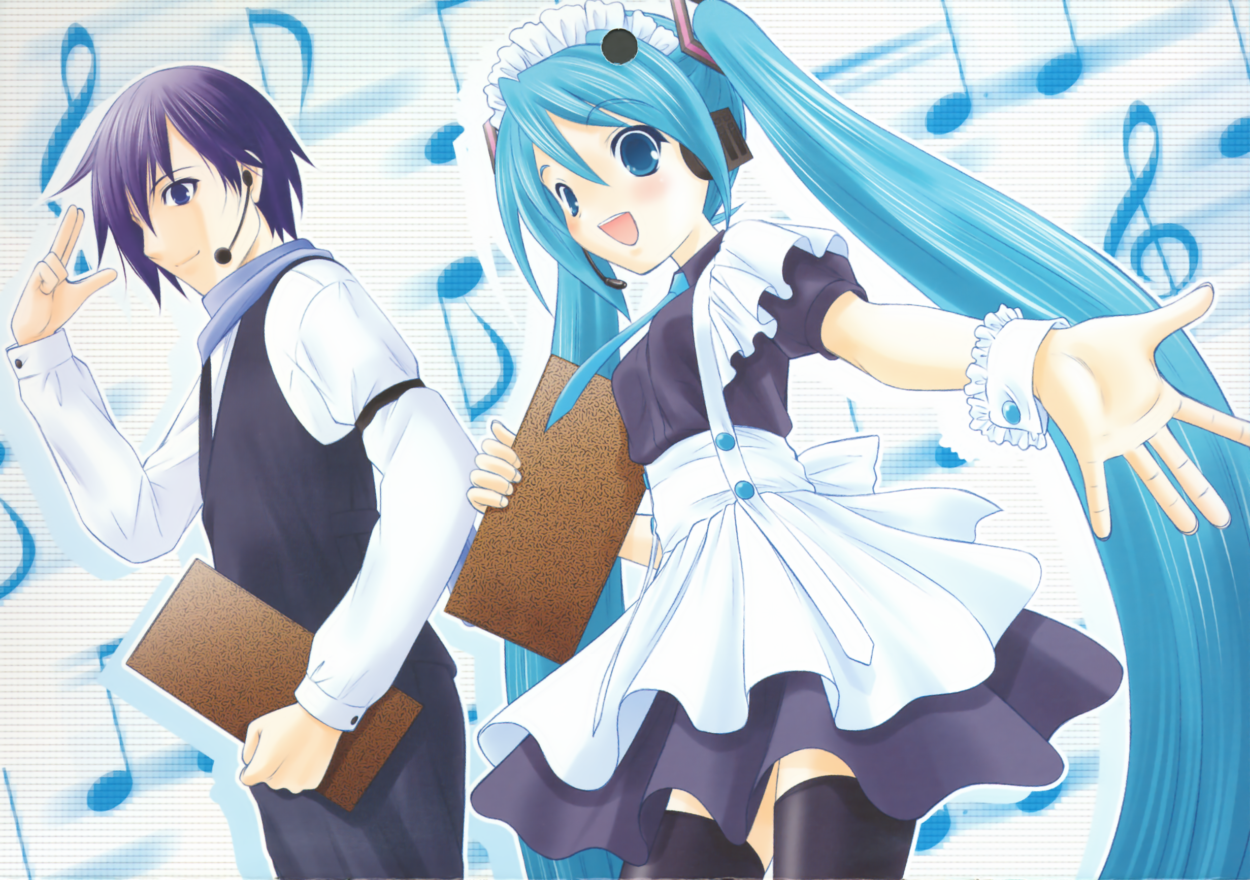 hapido, hatsune miku, kaito (vocaloid), vocaloid, highres, 00s, 1boy, 1girl, 2008, calendar, pireze