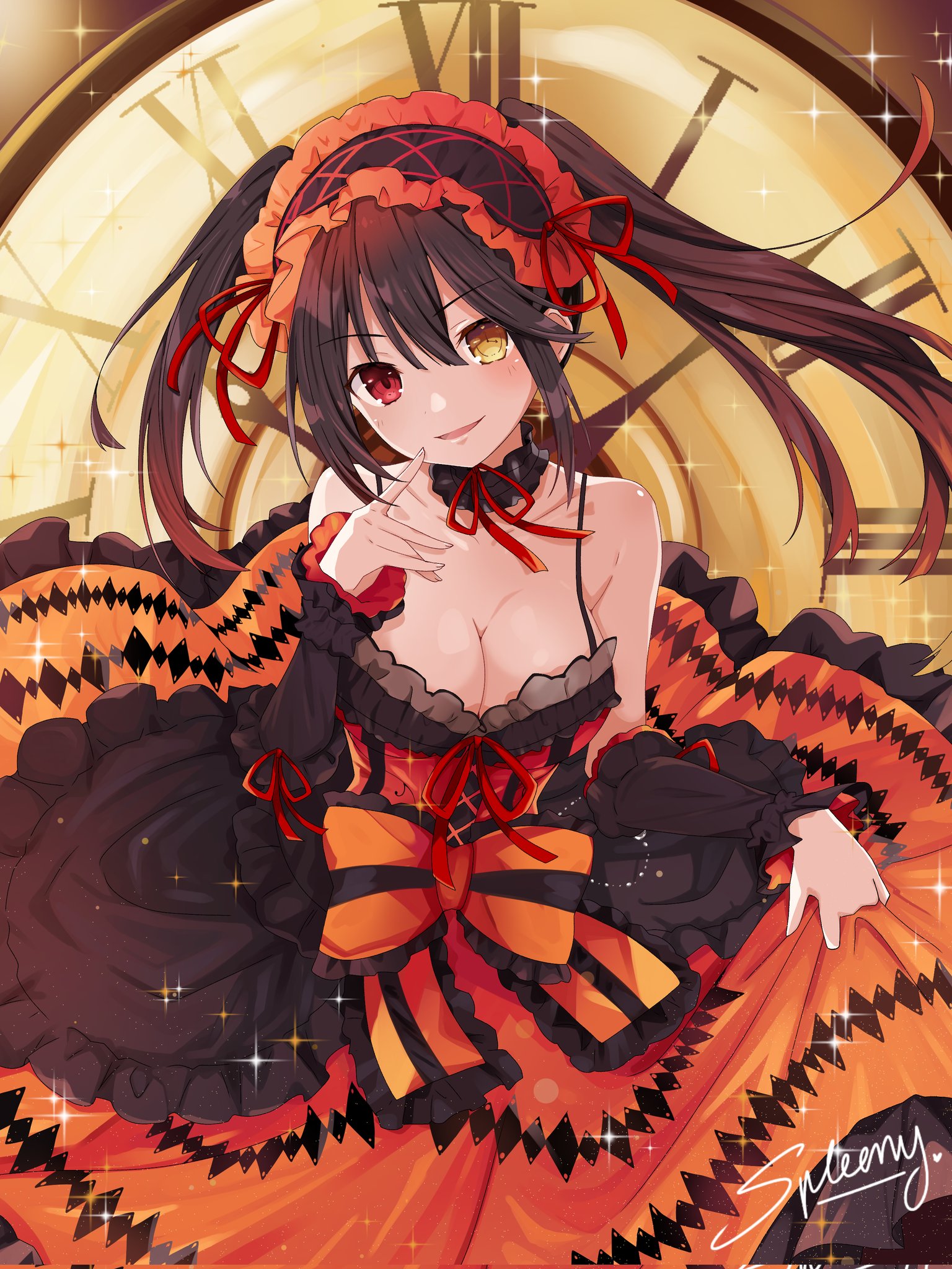 spleeny, tokisaki kurumi, date a live, highres, 1girl, bare shoulders, black hair, breasts, cleavage, clock eyes, collarbone, detached sleeves, dress, frilled dress, frilled hairband, frills, hairband, heterochromia, lolita fashion, lolita hairband, long hair, looking at viewer, medium breasts, open mouth, red dress, red eyes, roman numeral, smile, solo, symbol-shaped pupils, tokisaki kurumi (spirit), twintails, two-tone dress, v-shaped eyebrows, yellow eyes