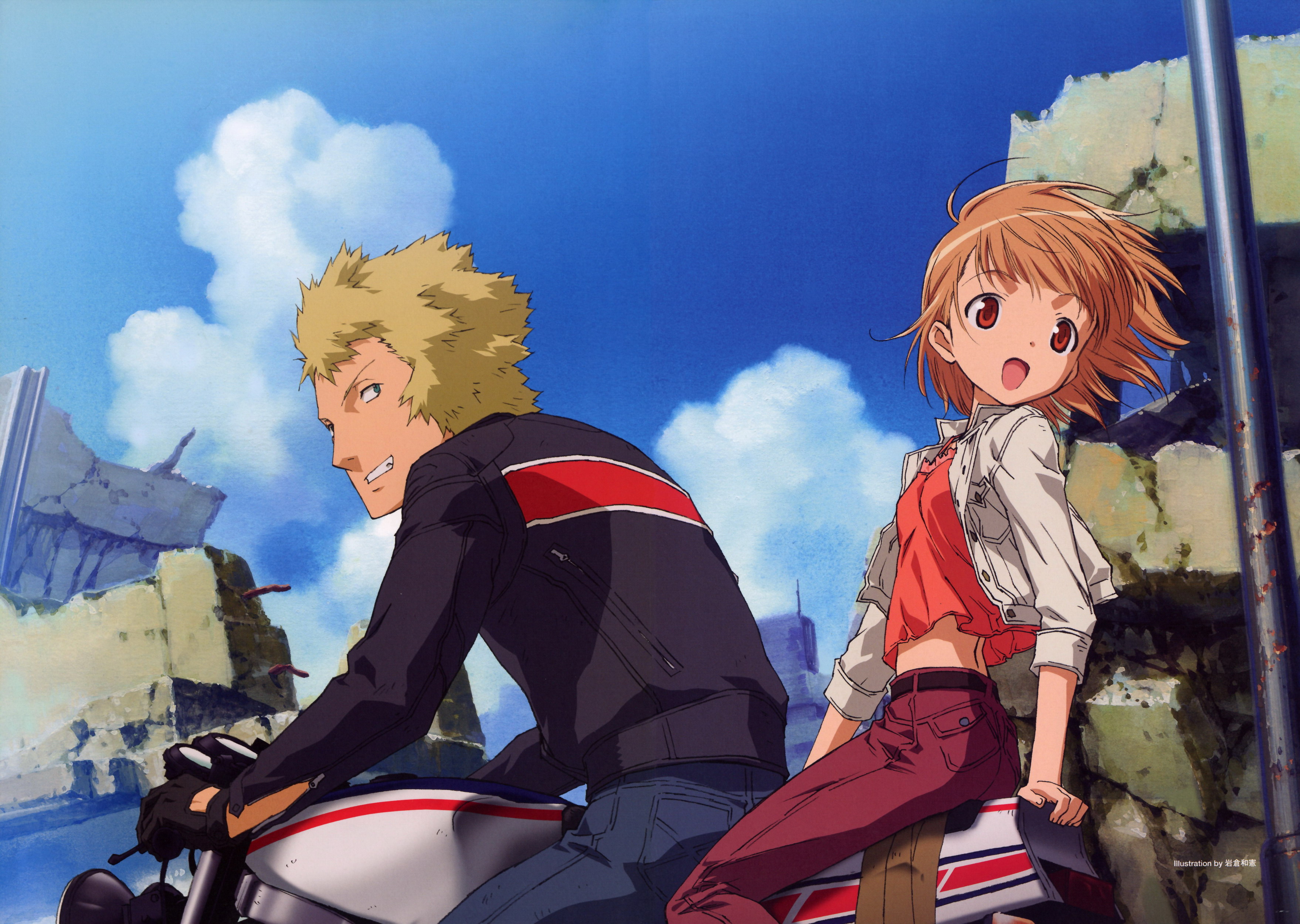 sakurano otoha, tachibana ryohei, sky girls, vehicle, absurdres, highres, tagme, 00s, motor vehicle, motorcycle