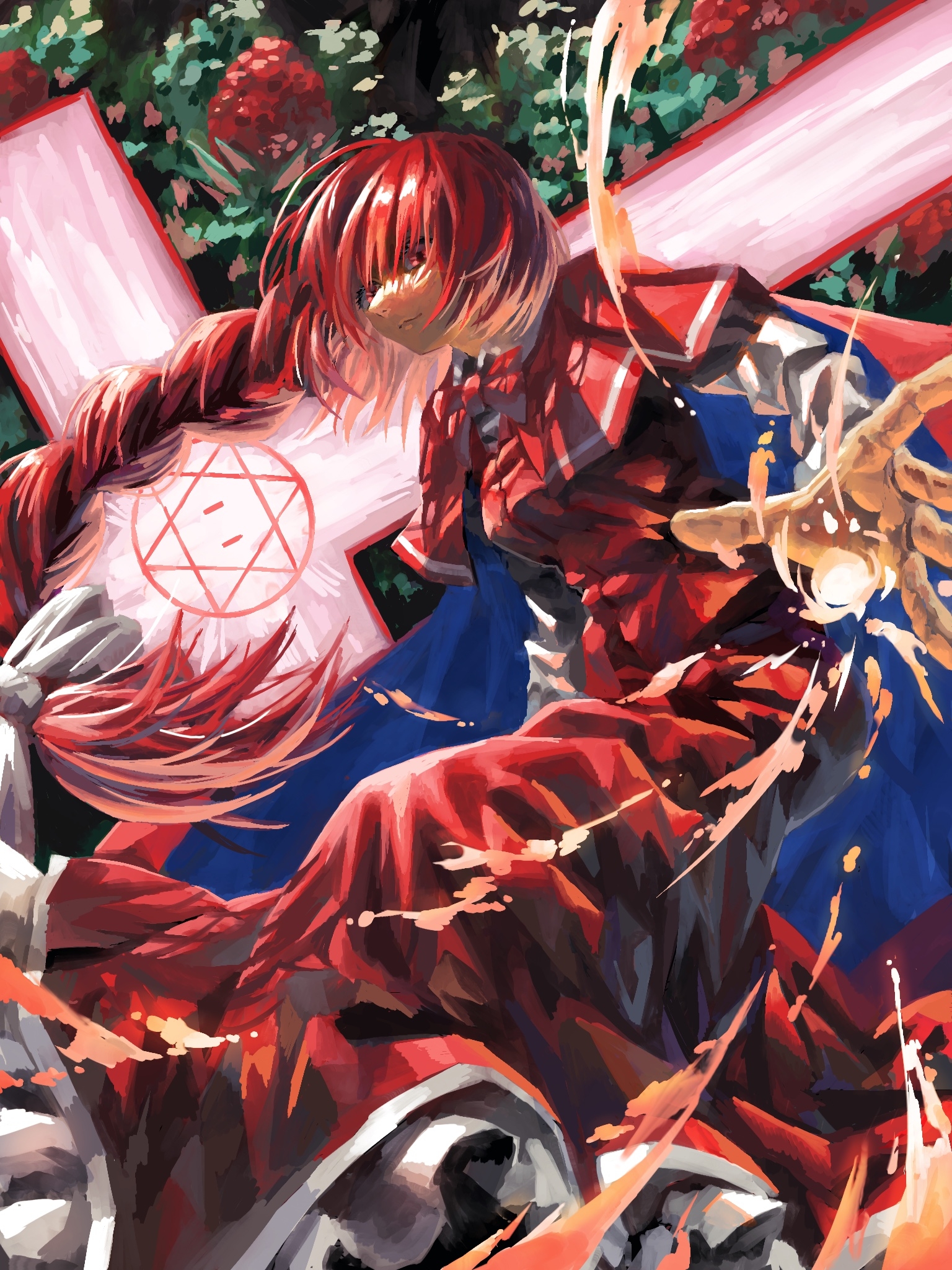 bababa, okazaki yumemi, touhou, commentary request, highres, 1girl, blue cape, bow, bowtie, braid, braided ponytail, bush, cape, capelet, cross, feet out of frame, flower, from below, hair bow, hexagram, long hair, long skirt, long sleeves, looking down, outstretched hand, pursed lips, red bow, red bowtie, red cape, red capelet, red eyes, red flower, red skirt, red vest, shirt, skirt, solo, two-tone cape, vest, white bow, white shirt