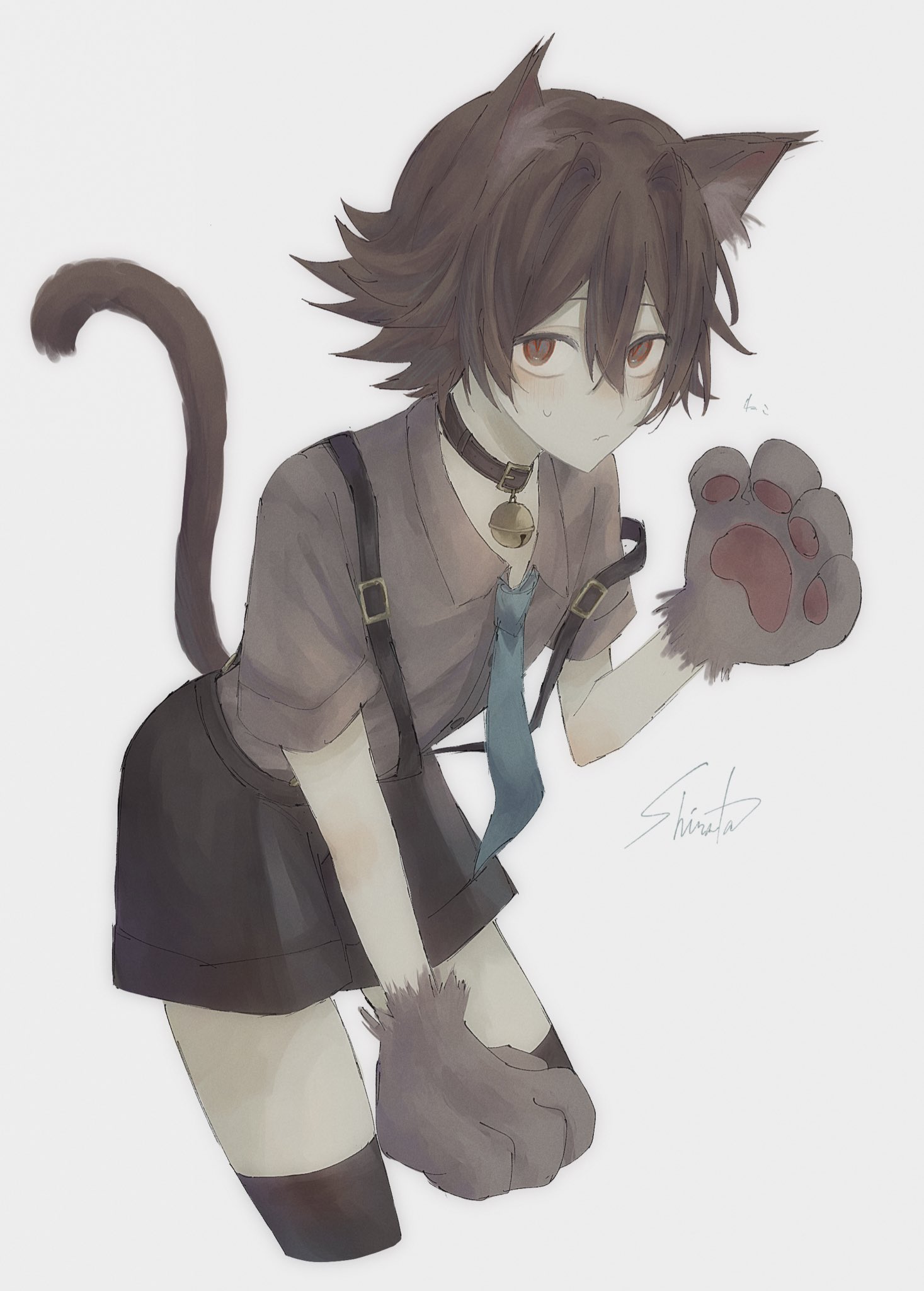 shirata mint, hilbert (pokemon), nintendo, pokemon, pokemon bw, commentary request, highres, 1boy, alternate costume, animal ears, animal hands, brown eyes, brown hair, closed mouth, collar, collared shirt, gloves, grey shirt, hair between eyes, hand up, looking at viewer, male focus, necktie, paw gloves, shirt, short hair, shorts, signature, solo, suspenders, suspenders slip, tail, thighhighs, white background
