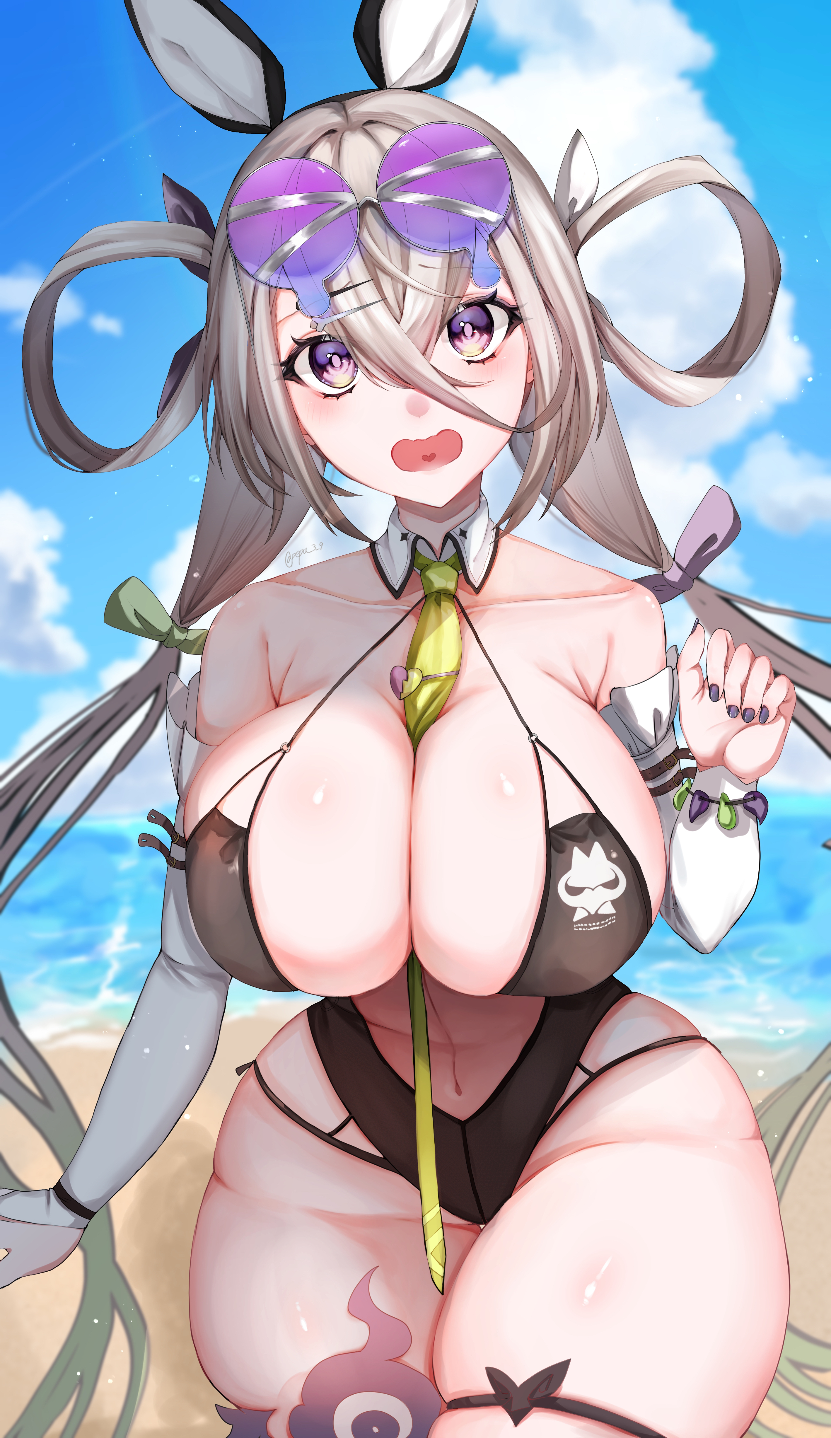 pepu 3 9, huyan zhuo (fate), huyan zhuo (swimsuit berserker) (fate), fate/grand order, fate (series), absurdres, highres, 1girl, animal ears, bare shoulders, beach, black one-piece swimsuit, blue sky, blush, breasts, cleavage, detached collar, detached sleeves, eyewear on head, fake animal ears, grey hair, hair between eyes, hair ornament, hair rings, hairclip, highleg, highleg one-piece swimsuit, large breasts, long hair, looking at viewer, low twintails, navel, necktie, one-piece swimsuit, open mouth, plunging neckline, purple eyes, shore, sky, solo, sunglasses, swimsuit, thigh strap, thighs, twintails, very long hair, wide hips