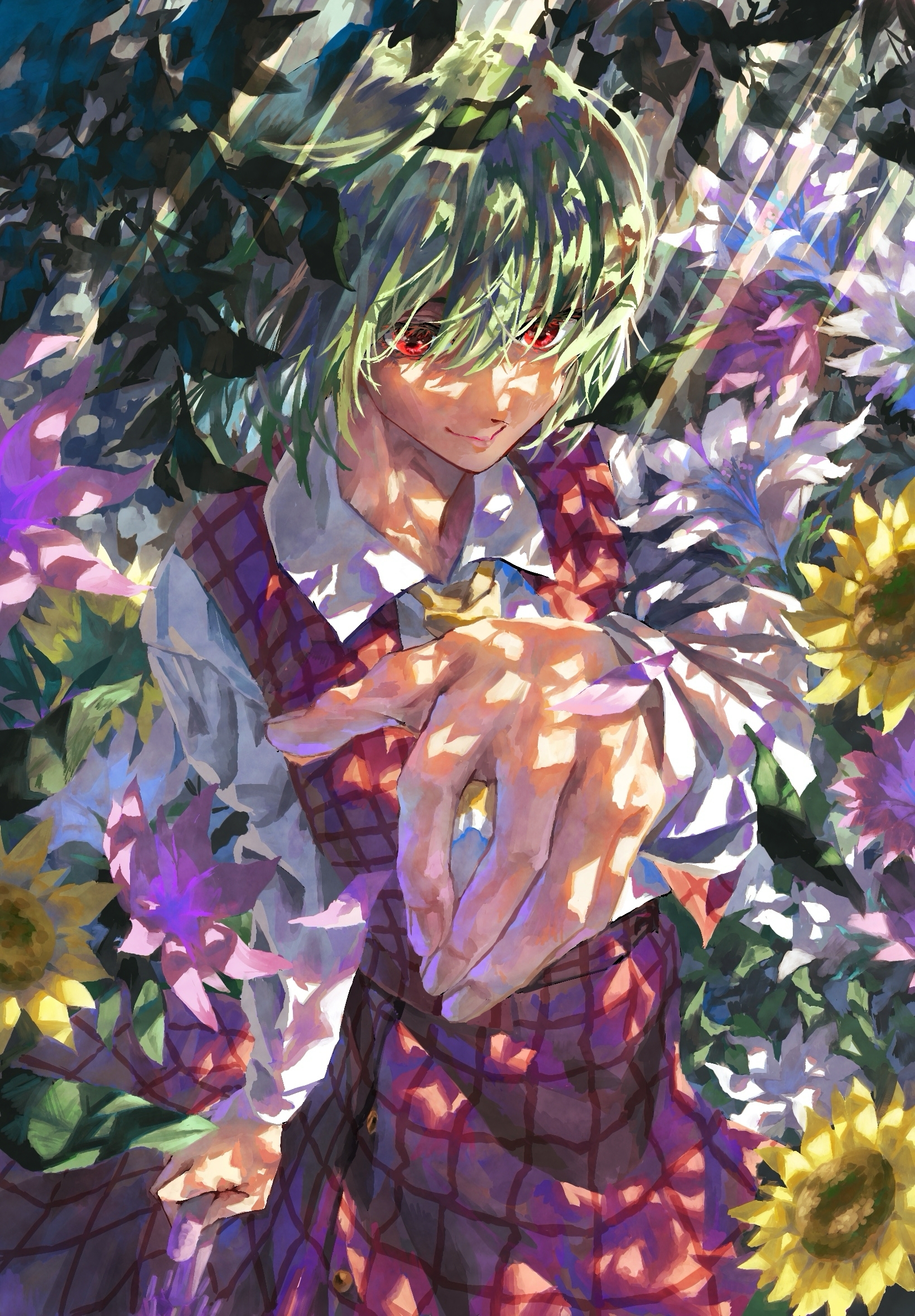 bababa, kazami yuuka, touhou, commentary request, highres, 1girl, ascot, collared shirt, dappled sunlight, feet out of frame, flower, foliage, foreshortening, from above, green hair, holding, holding umbrella, leaf, light rays, lips, long skirt, long sleeves, looking up, medium hair, pink flower, plaid clothes, plaid skirt, plaid vest, red eyes, red skirt, red vest, shirt, skirt, smile, solo, sunbeam, sunflower, sunlight, umbrella, vest, white flower, white shirt, yellow ascot