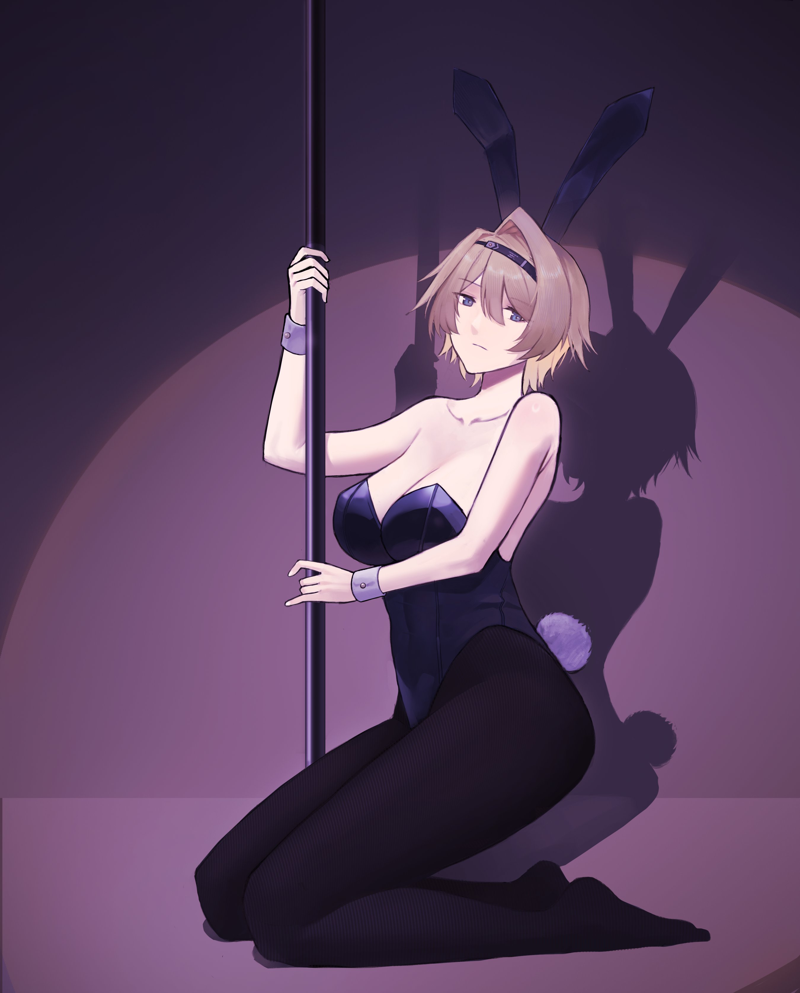 lynx aidenn, nikketa (girls' frontline 2), vsk-94 (girls' frontline), girls' frontline, girls' frontline 2: exilium, absurdres, commentary, english commentary, highres, 1girl, alternate costume, animal ears, bare shoulders, black pantyhose, blonde hair, breasts, cleavage, closed mouth, collarbone, fake animal ears, full body, hairband, holding, holding pole, kneeling, leotard, looking at viewer, medium breasts, medium hair, no shoes, pantyhose, playboy bunny, pole, purple background, purple eyes, purple hairband, purple leotard, rabbit ears, rabbit tail, shadow, simple background, sitting, solo, tail, thighs, white wrist cuffs, wrist cuffs
